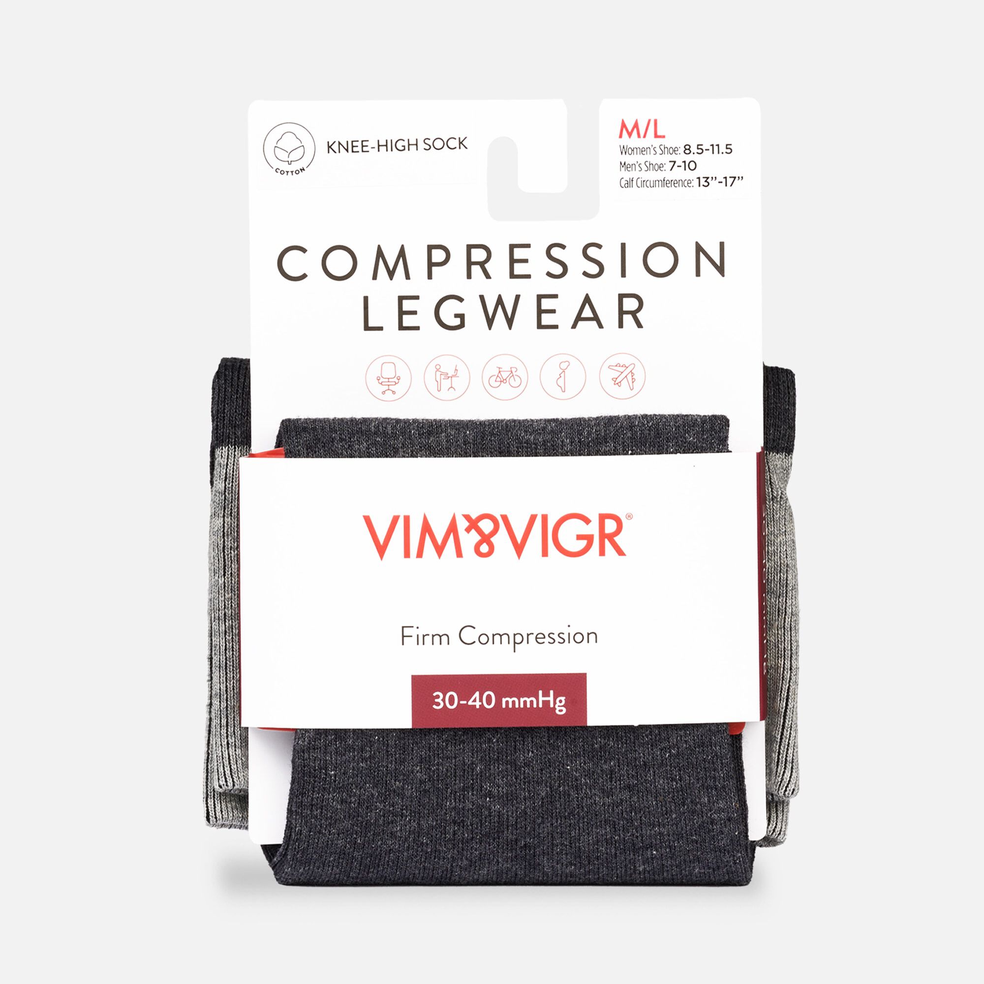 VIM & VIGR Heathered Collection Cotton Compression Socks, Dark and Light Grey, 30-40 mmHg, , large