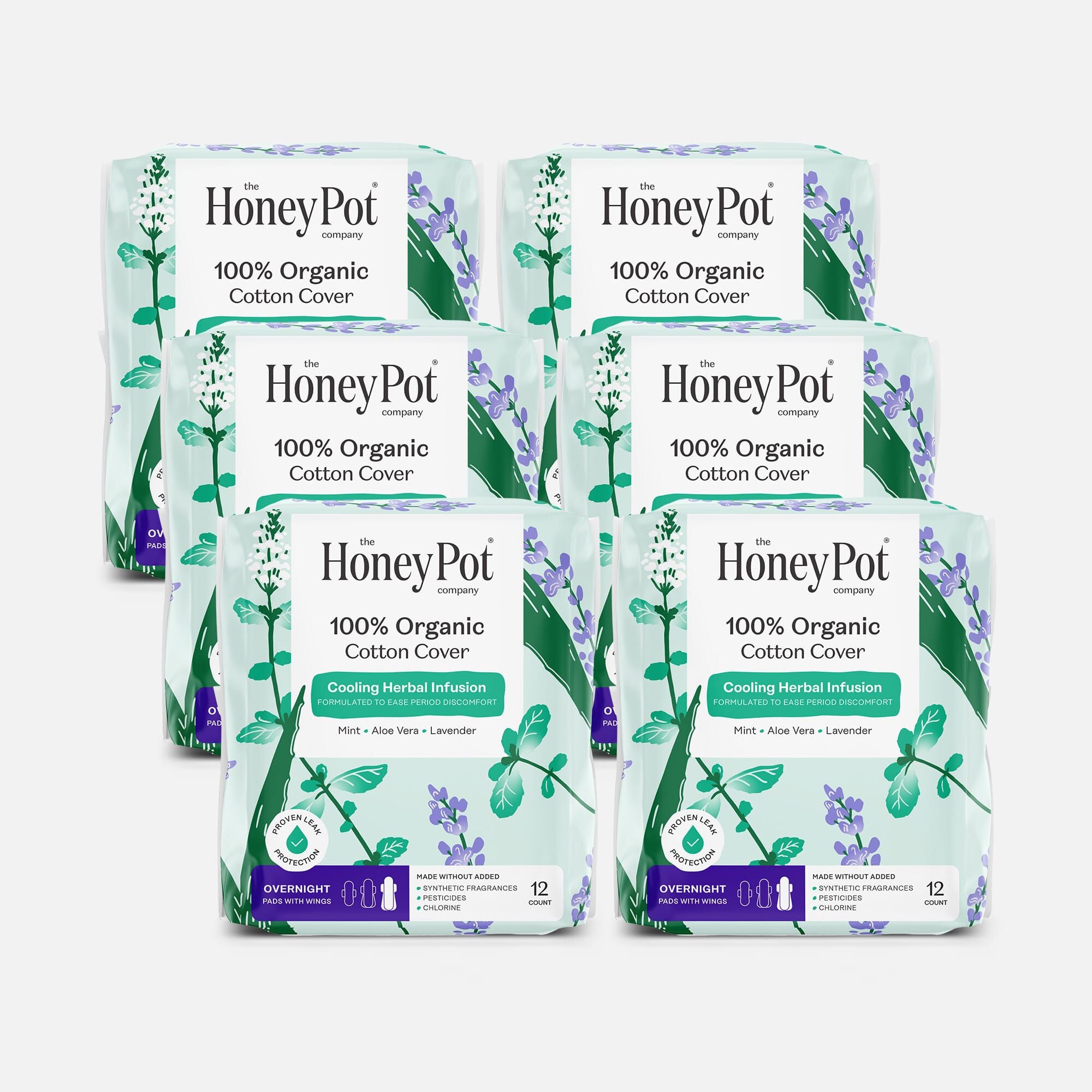 The Honey Pot 100% Organic Top Sheet Overnight Herbal Menstrual Pads with Wings, 12 ct. (6 pack)