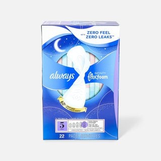 Always Infinity FlexFoam Pads for Women Size 5 Extra Heavy Overnight Absorbency, with Wings Unscented, 22 ct.