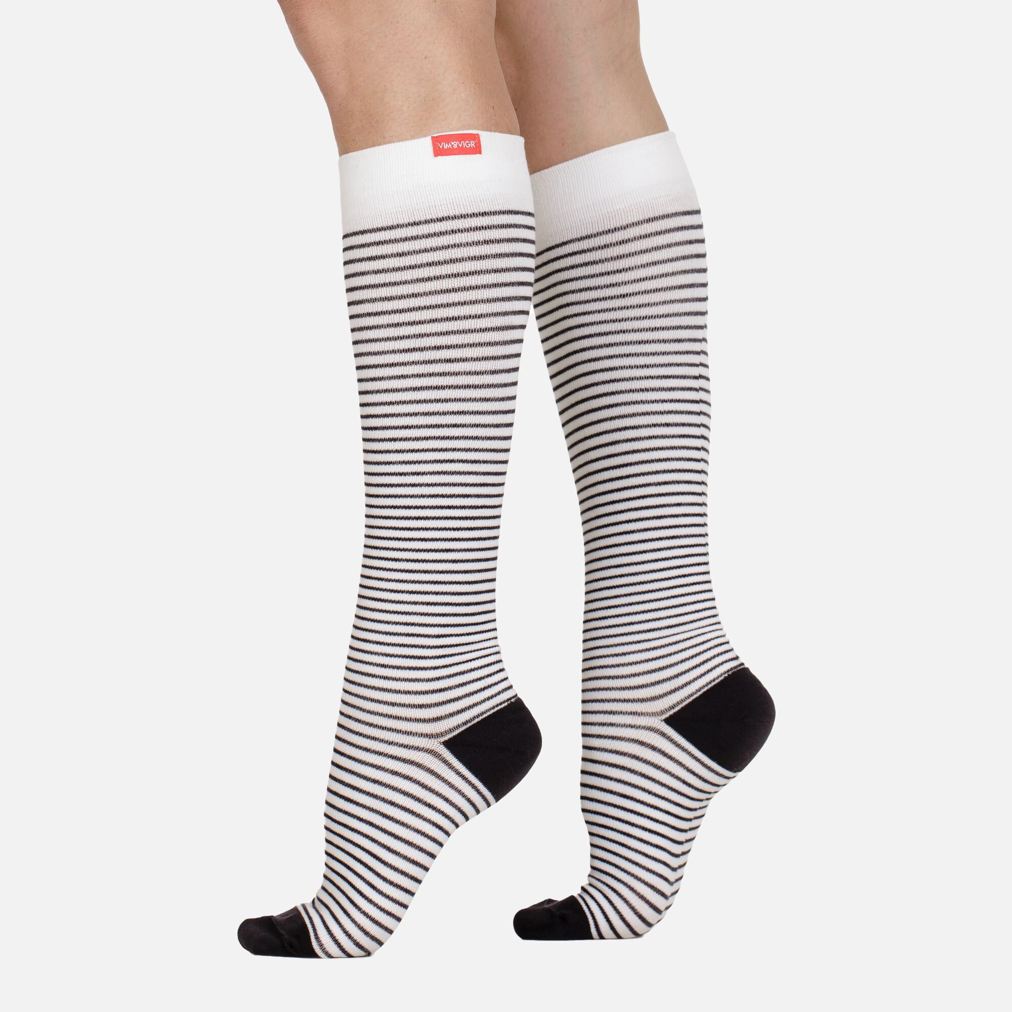 VIM & VIGR Cotton Compression Socks, Pinstripe, Cream and Black, Wide Calf, M/L, 30-40 mmHg