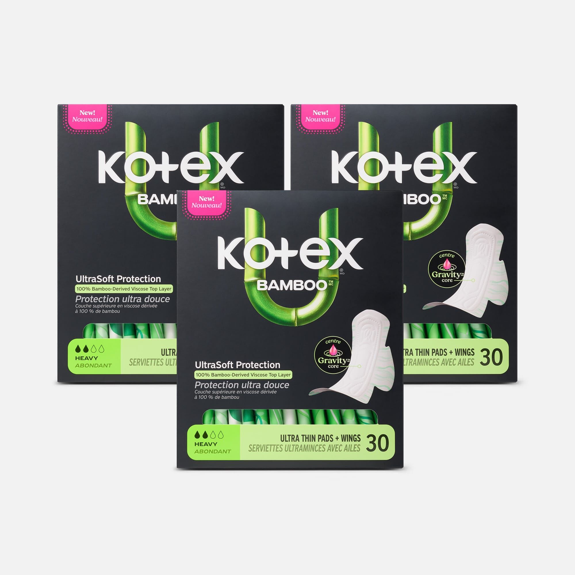 Kotex® Bamboo Ultra Thin Pads with Wings, Heavy Absorbency, 30 ct. (3 pack)