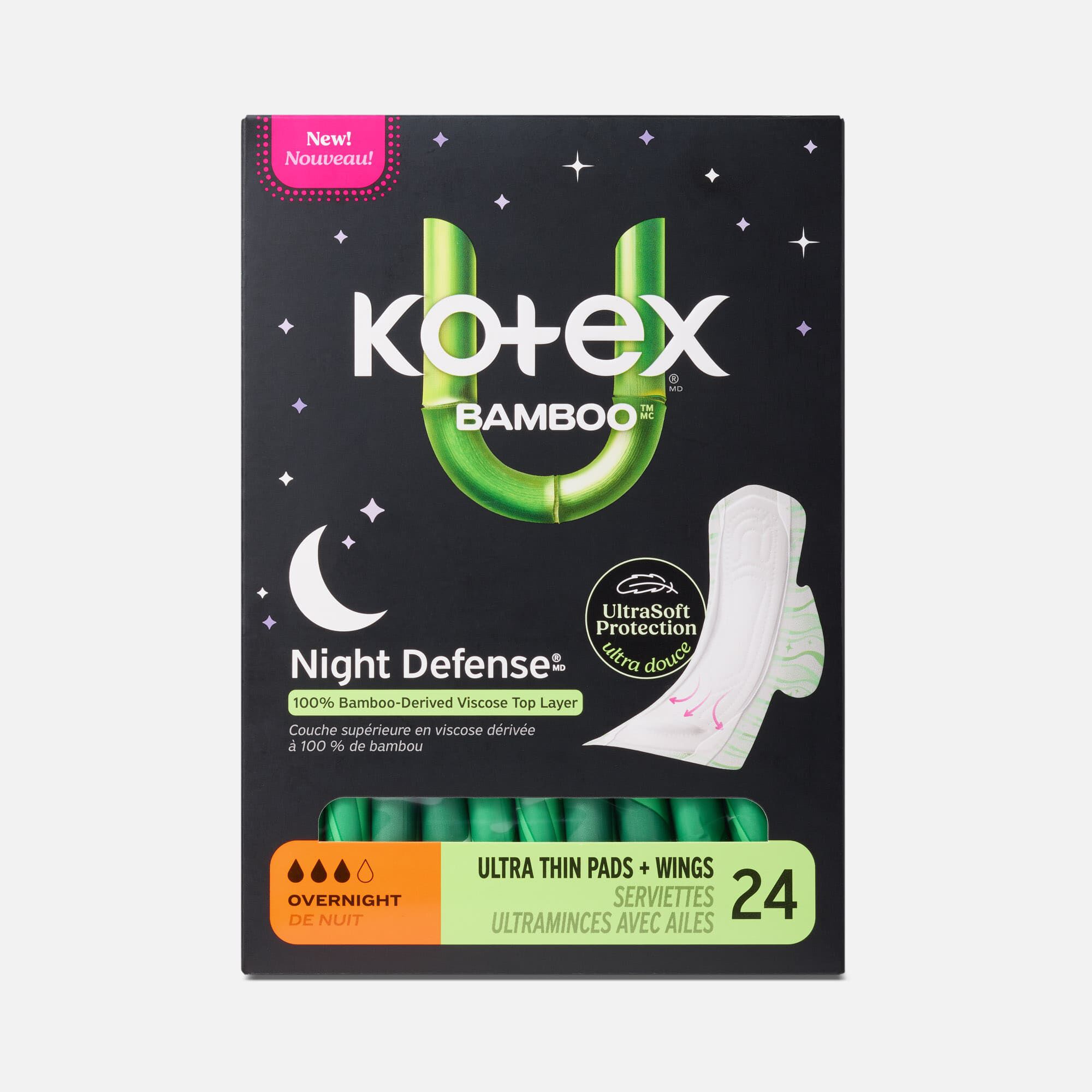 Kotex® Bamboo Ultra Thin Overnight Pads with Wings, 24 ct., , large
