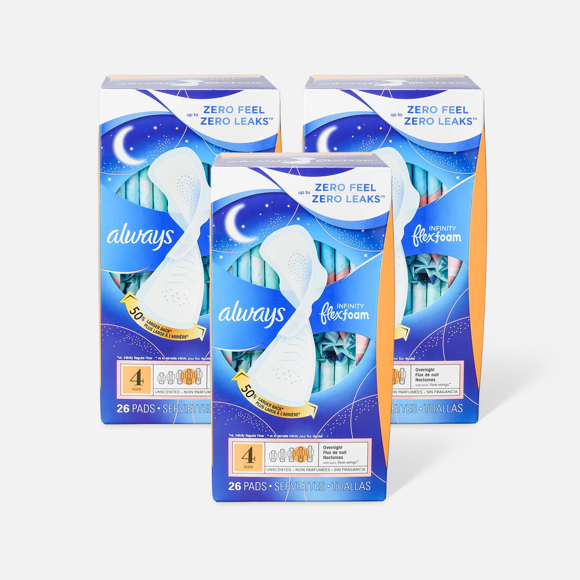 Always Infinity FlexFoam Pads for Women Size 4 Overnight Absorbency, with Wings Unscented, 26 ct. (3-Pack)