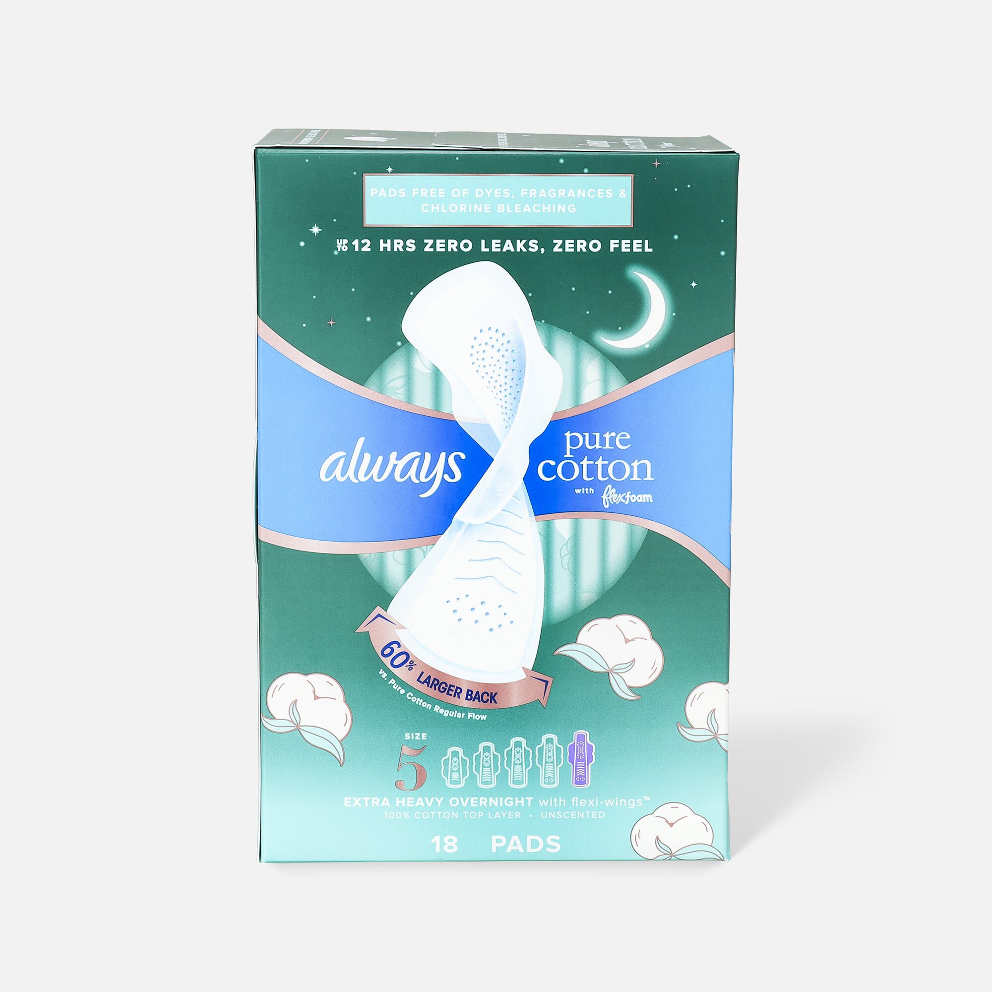 Always Pure Cotton with FlexFoam Pads for Women Size 5 Extra Heavy Overnight Absorbency, with Wings, 18 ct., , large