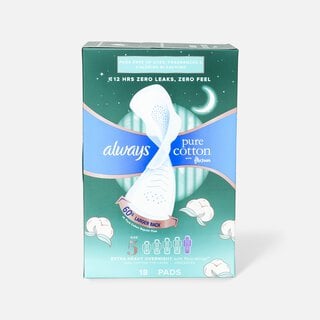 Always Pure Cotton with FlexFoam Pads for Women Size 5 Extra Heavy Overnight Absorbency, with Wings, 18 ct.