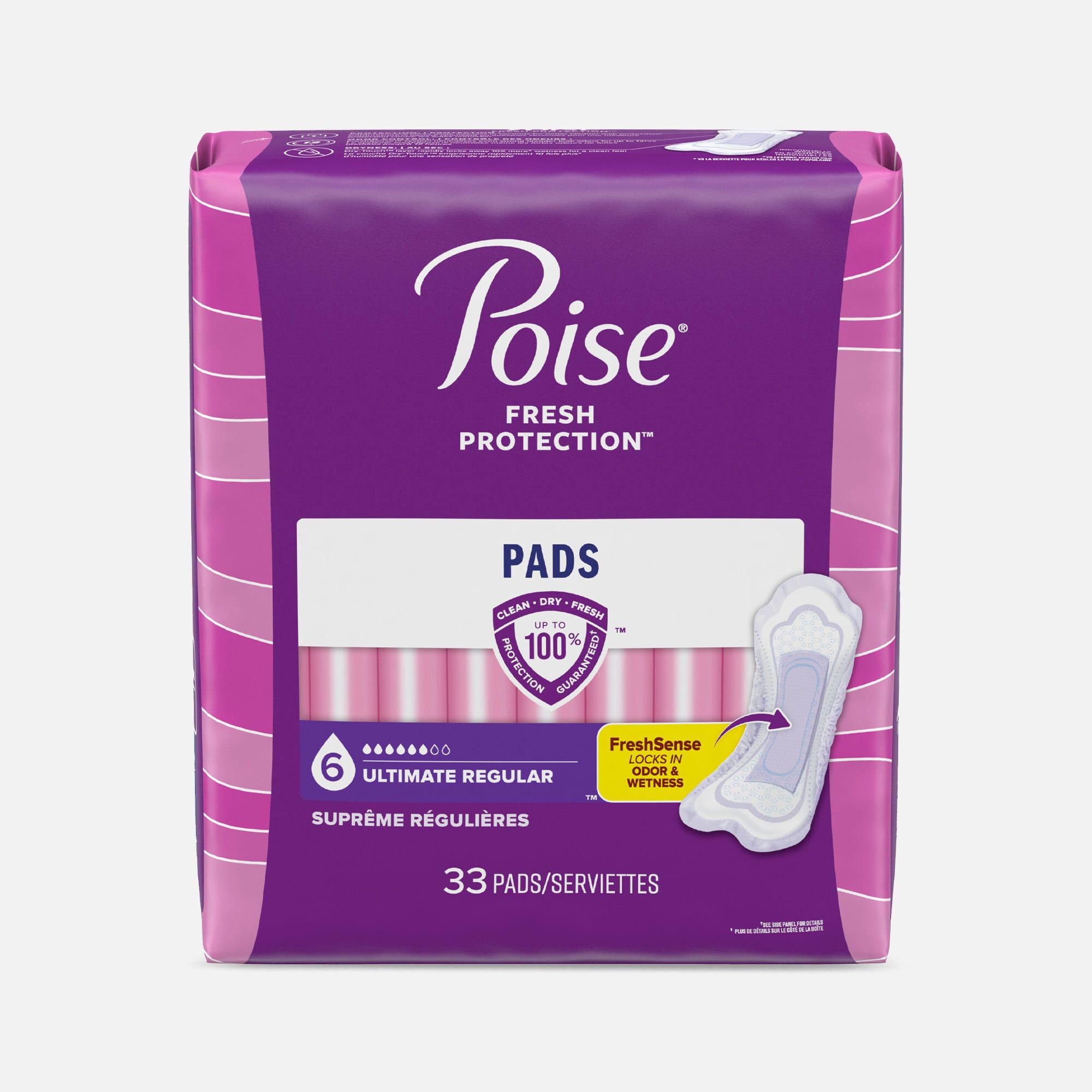 Poise Incontinence & Postpartum Pads for Bladder Leaks, 6 Drop Ultimate Absorbency, Regular Length, 33 ct.
