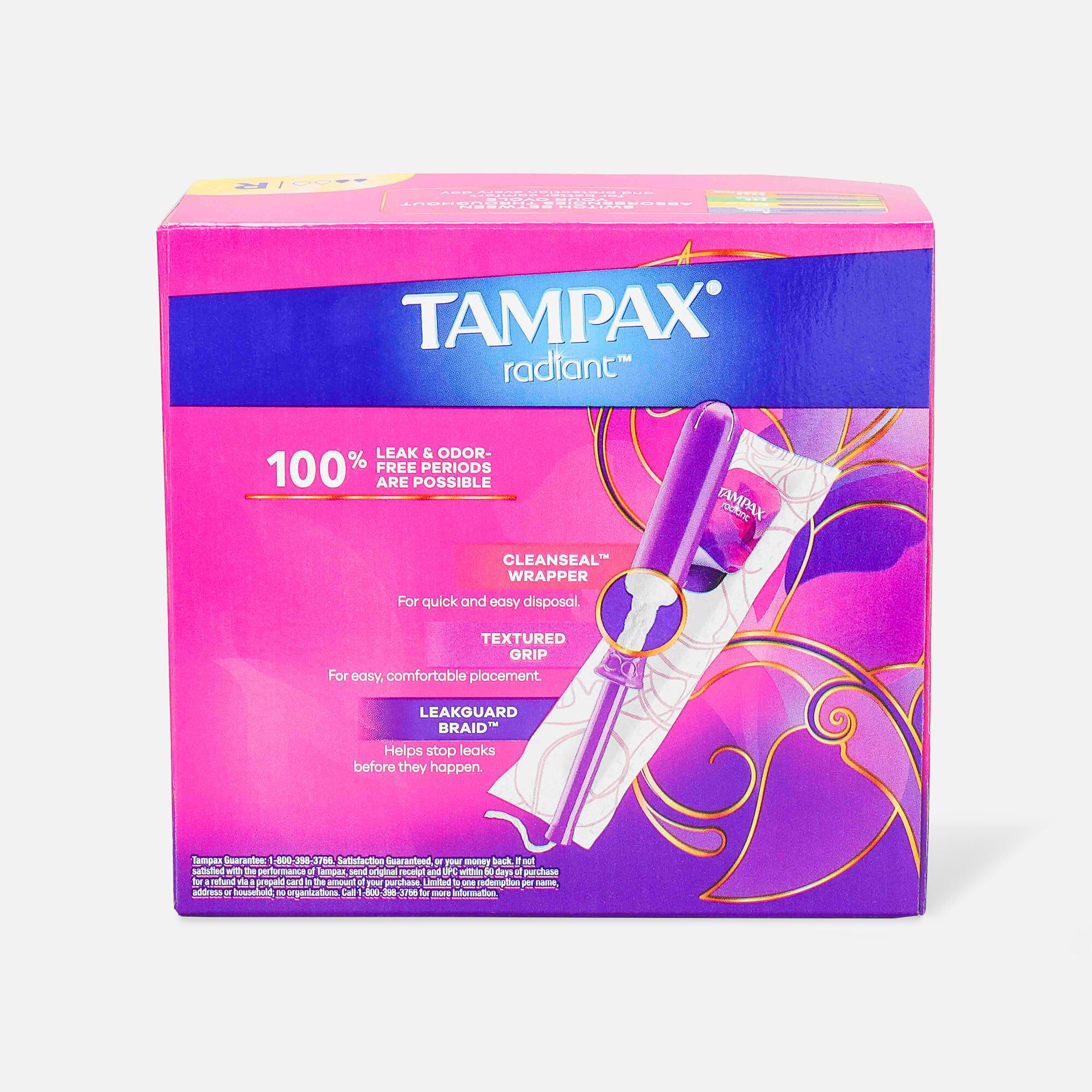 Tampax Radiant Tampons with BPA-Free Plastic Applicator and LeakGuard Braid, Unscented, 28 ct., , large