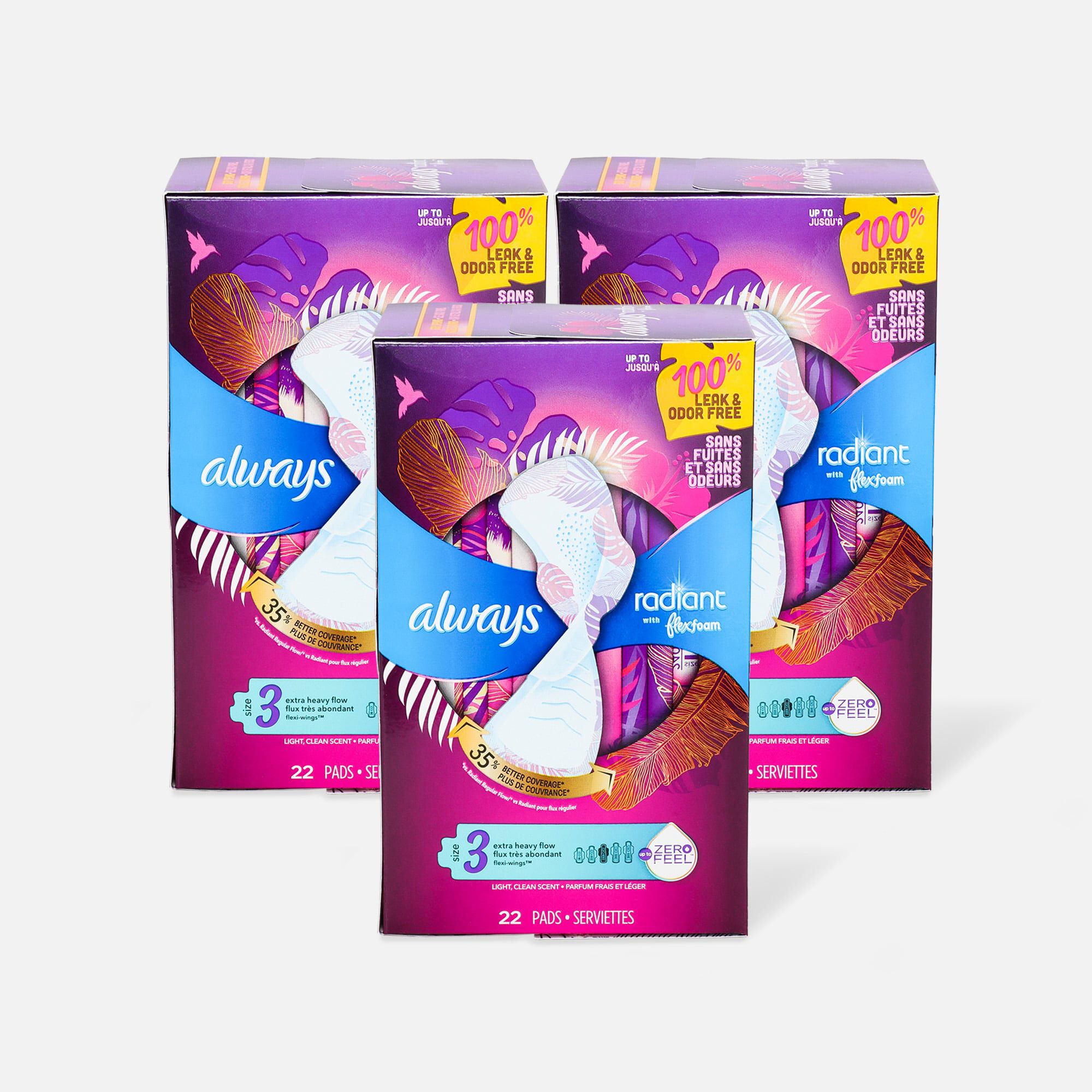 Always Radiant FlexFoam Pads for Women Size 3, Extra Heavy Flow Absorbency, with Wings, Scented, 22 ct. (3-Pack), , large