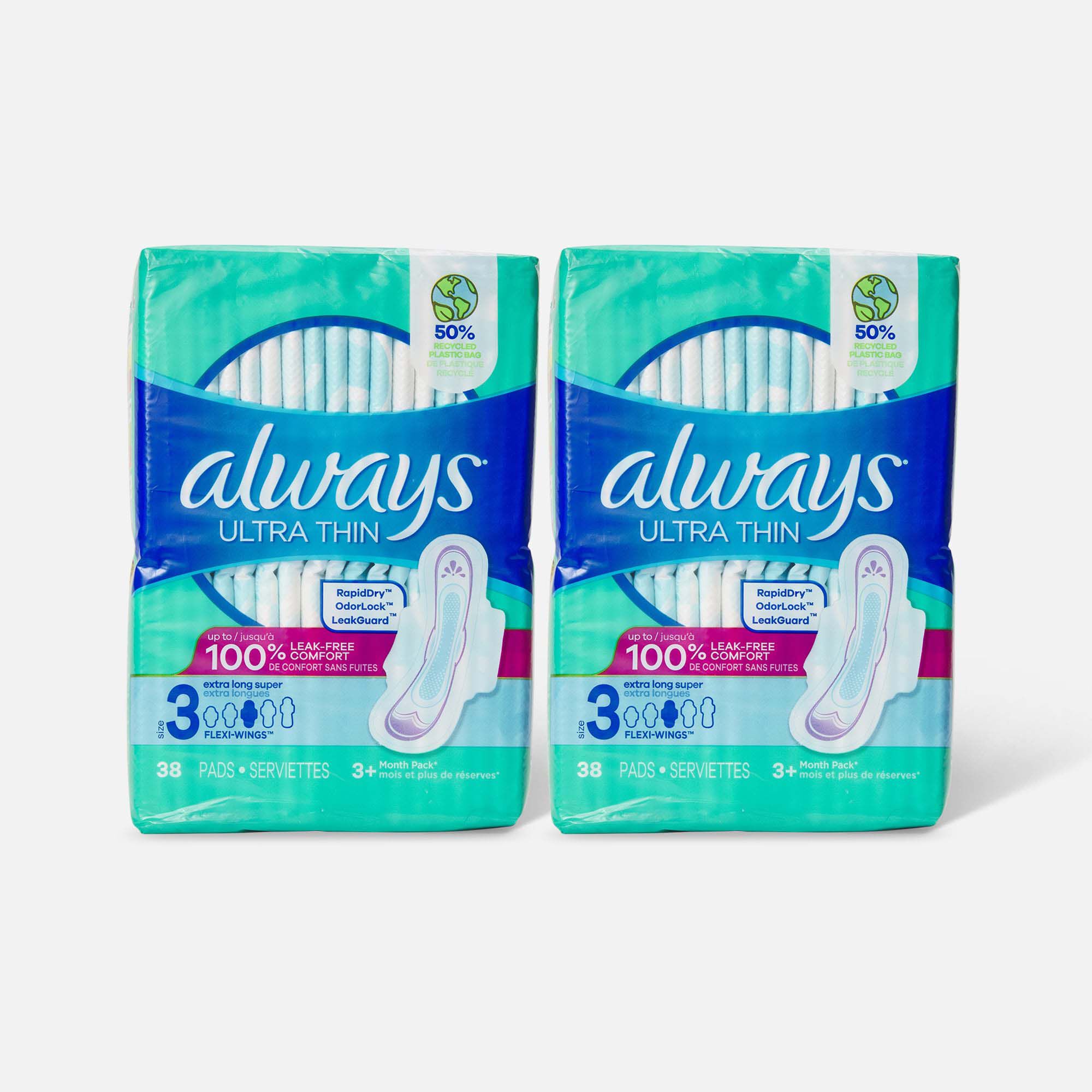 Always Ultra Thin Pads Extra Long Super Absorbency Unscented with Wings, Size 3, 38 ct. (2-Pack)