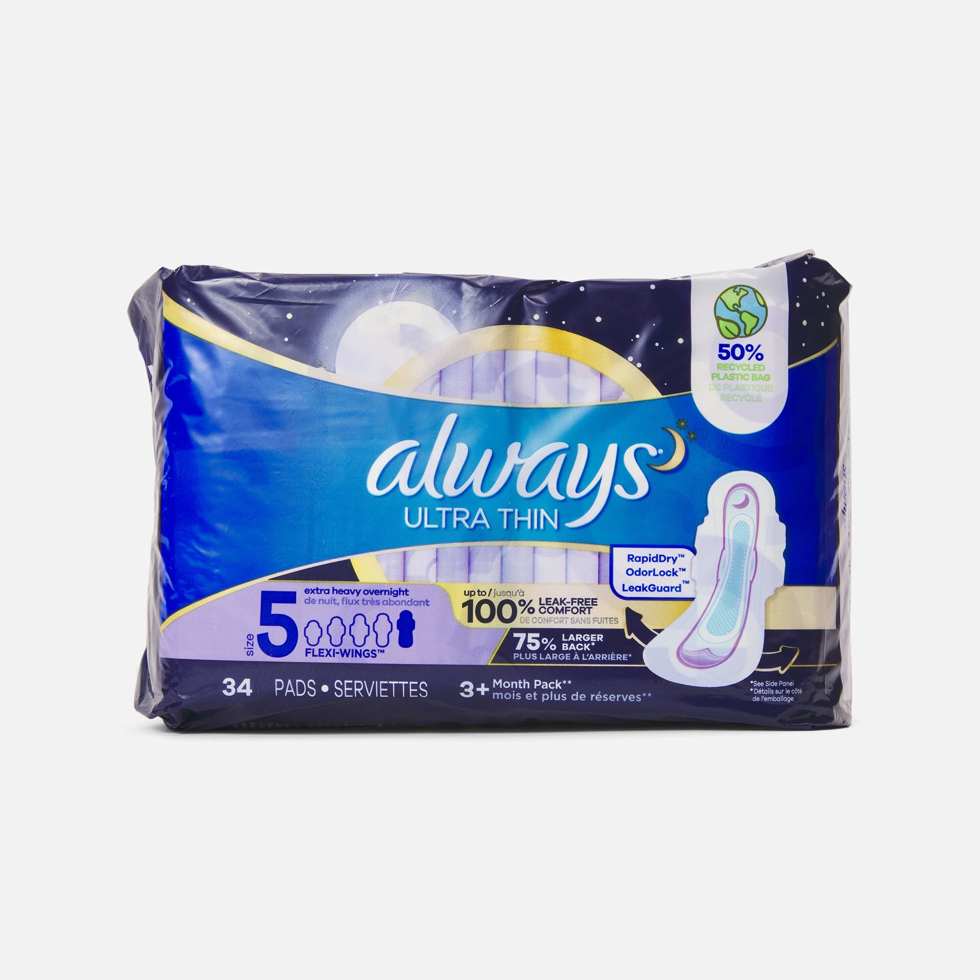 Always Ultra Thin Pads Extra Heavy Overnight Absorbency Unscented with Wings, Size 5, 34 ct., , large