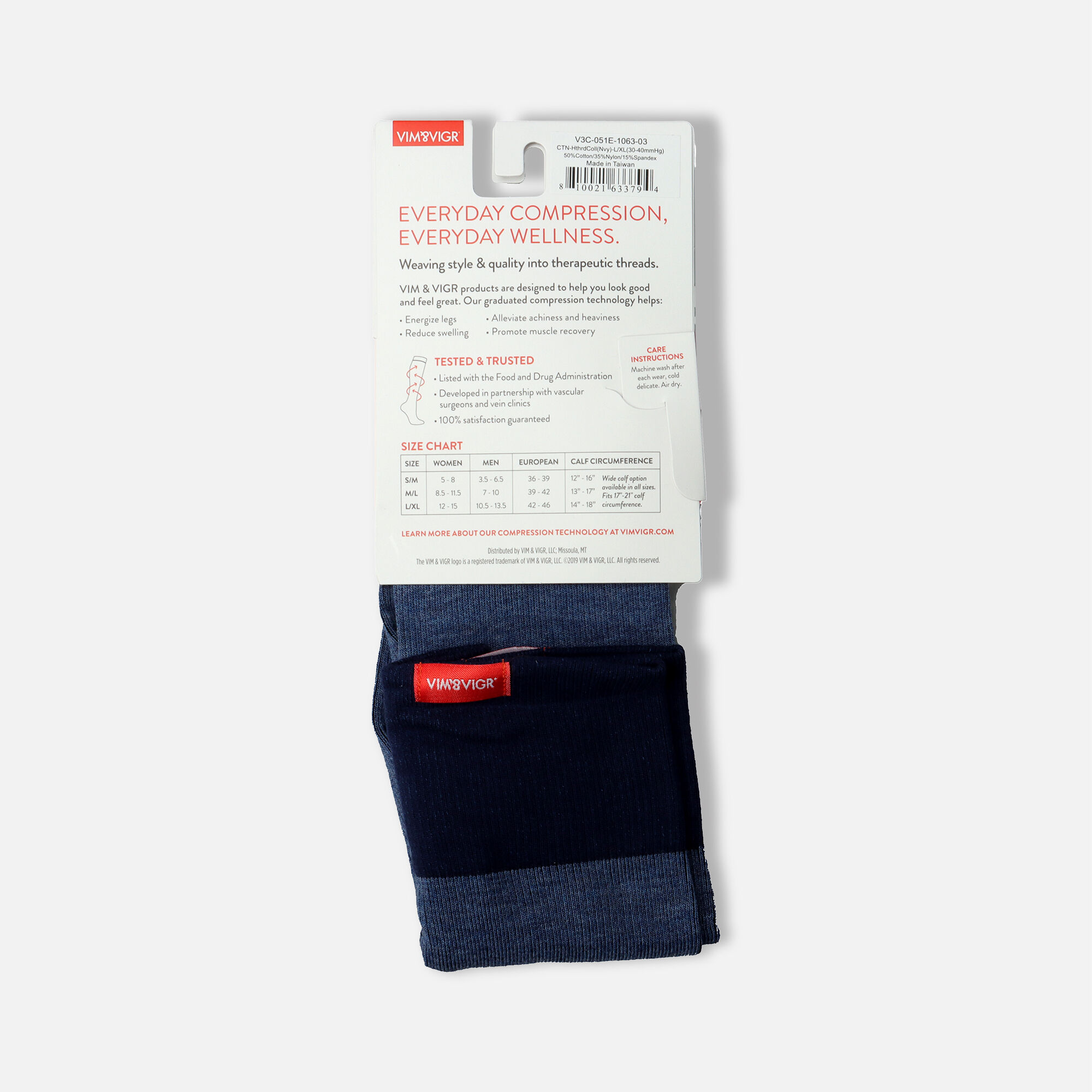 VIM & VIGR Cotton Compression Socks, Heathered Collection Navy, 30-40 mmHg, , large