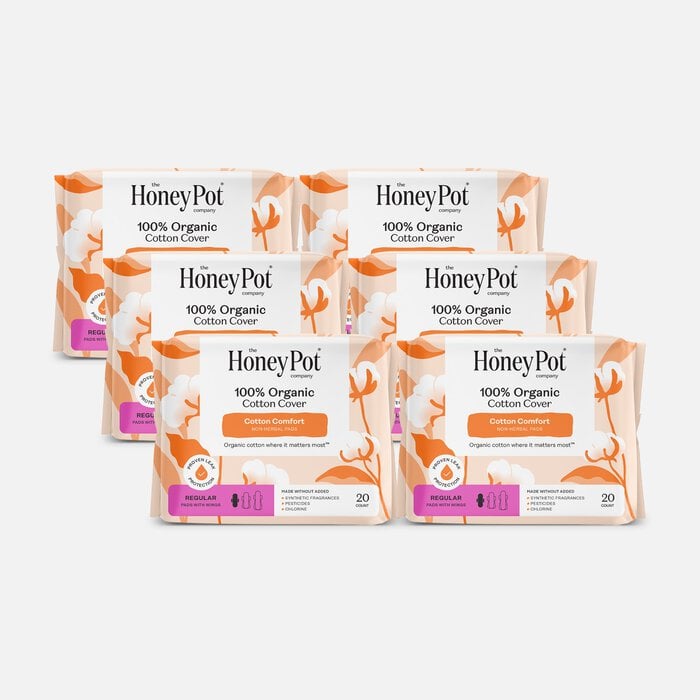 The Honey Pot 100% Organic Top Sheet Regular Non Herbal Menstrual Pads, 20 ct. (6-Pack), , large