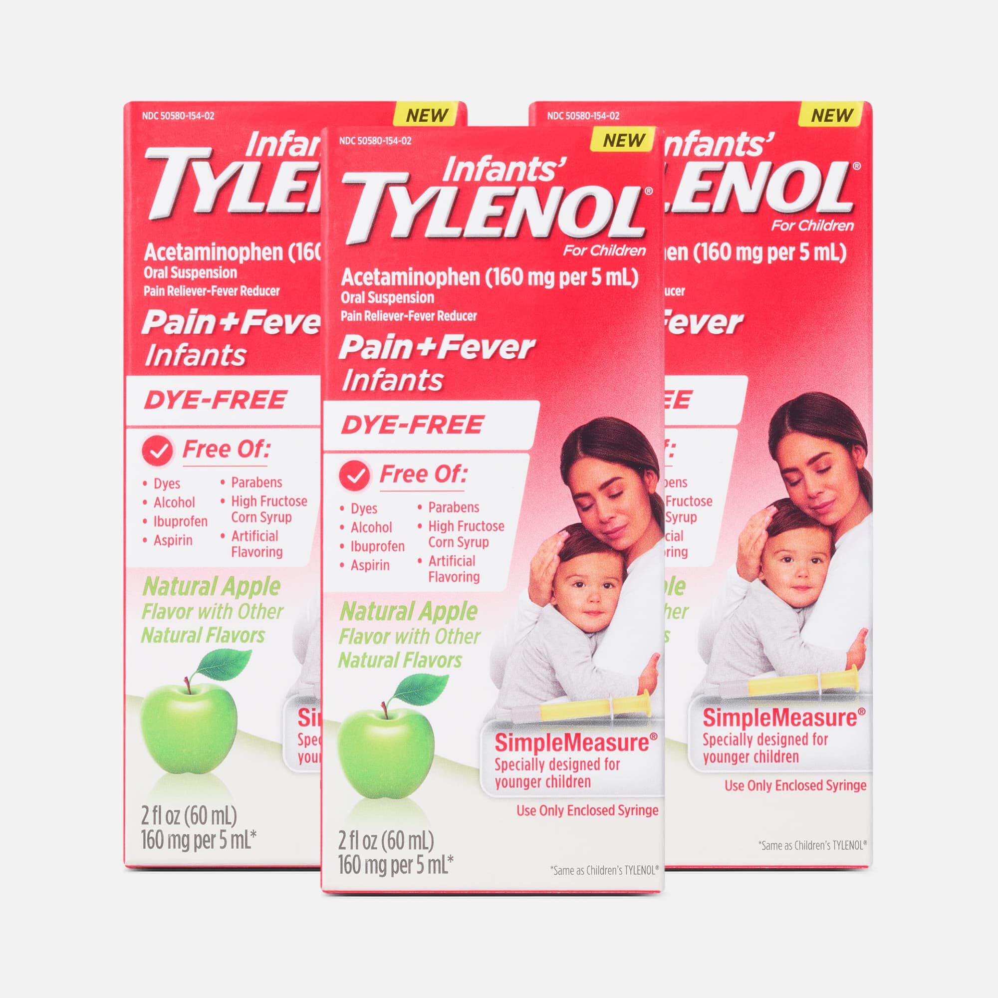 Infant's Tylenol Pain + Fever Dye-Free Acetaminophen Liquid w/ Simple Measure, Natural Apple, 2 fl oz. (3 pack)