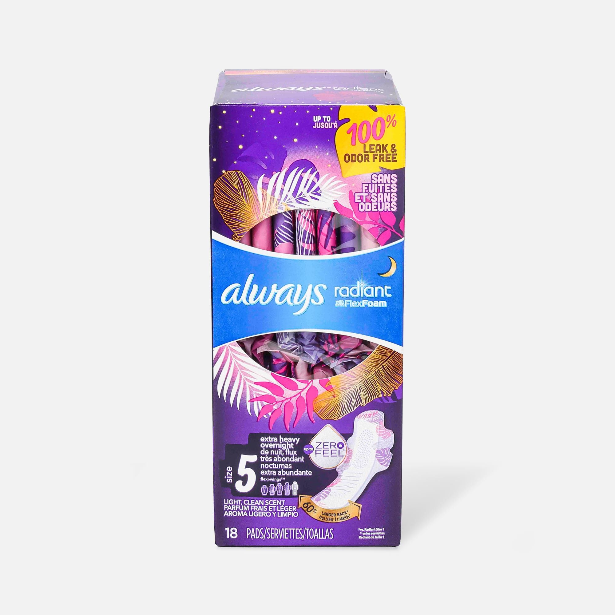 Always Radiant FlexFoam Pads for Women, Size 5, Extra Heavy Overnight Absorbency, with Wings, Scented, 18 ct.