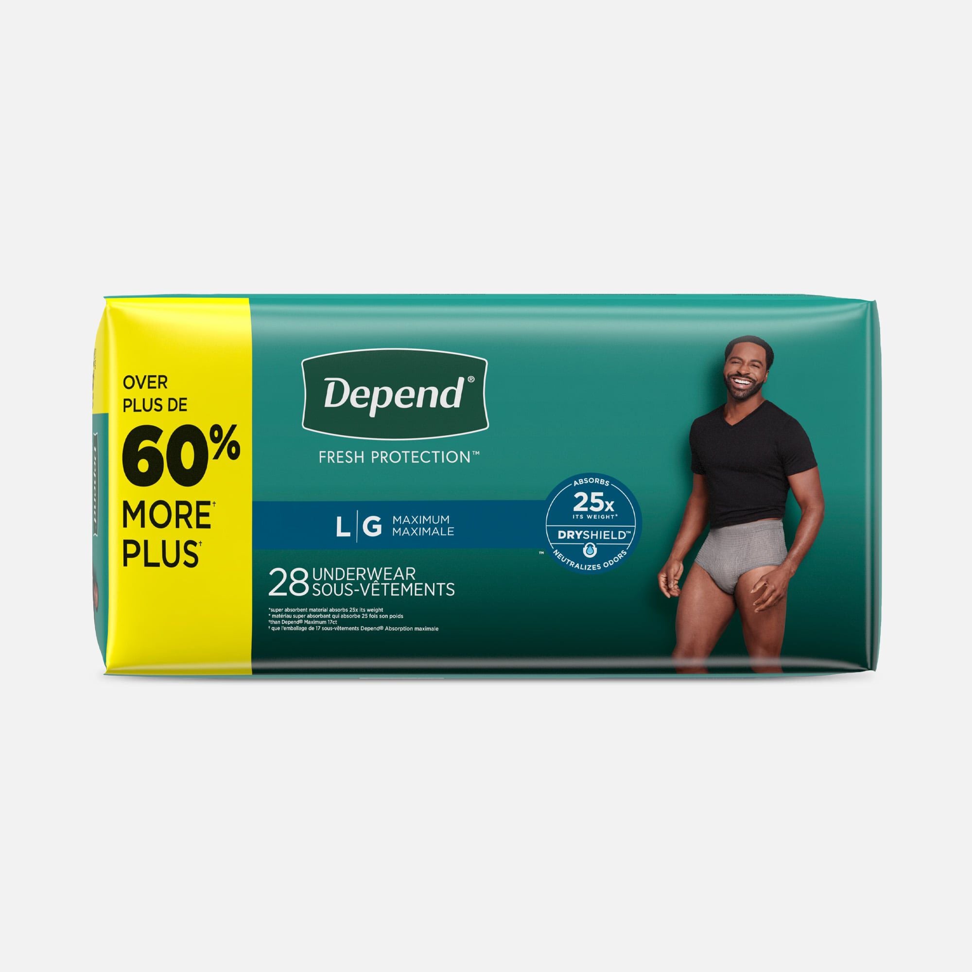 Depend Fresh Protection Adult Incontinence Underwear for Men, Disposable, Maximum, Large, Grey, 28 ct.