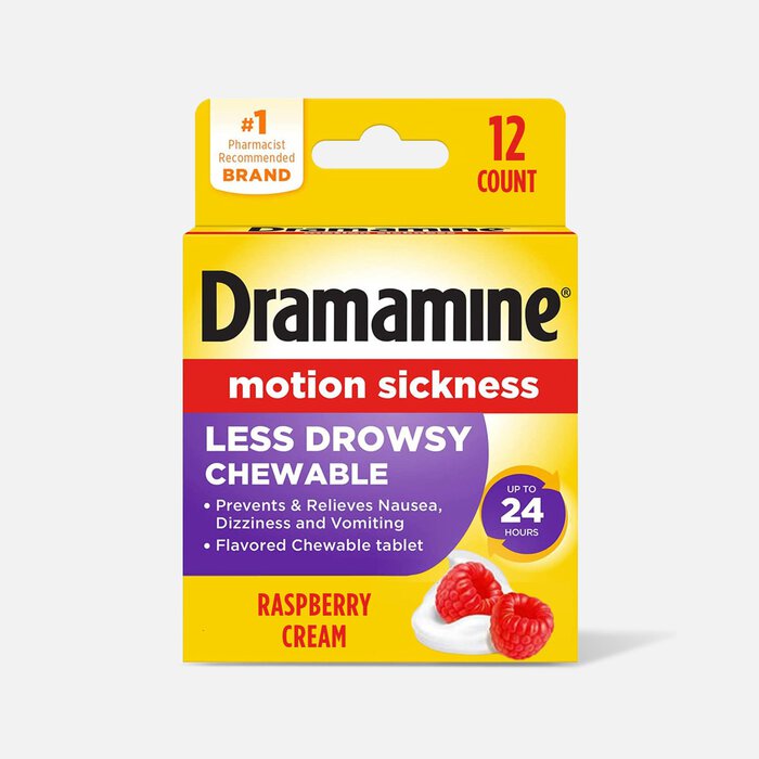 Dramamine Motion Sickness Relief All Day Chewable Tablets, Raspberry Cream, 12 ct., , large