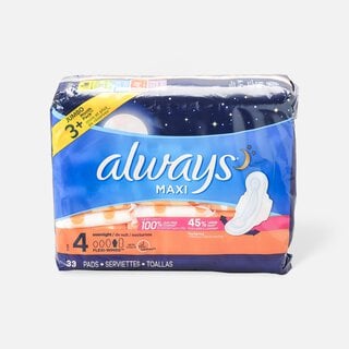 Always Maxi Pads Size 4 Overnight Absorbency Unscented with Wings, 33 ct.