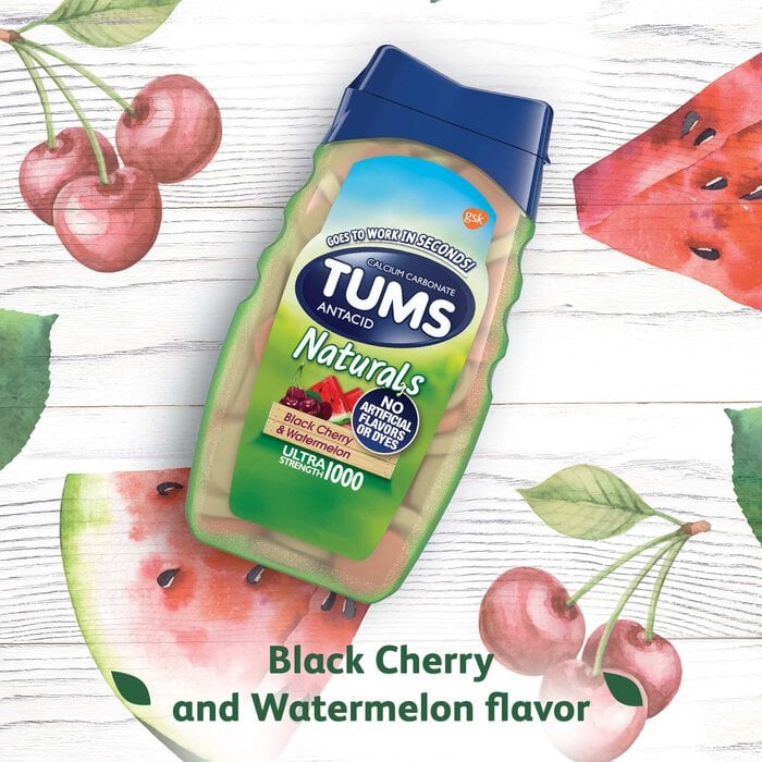 TUMS Naturals Ultra Strength Antacid Chews for Heartburn Relief, Black Cherry & Watermelon, 190 ct., , large