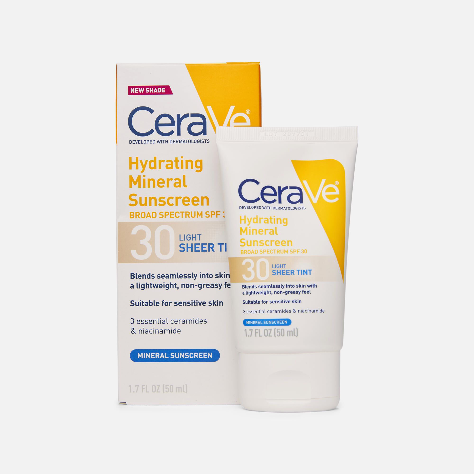 CeraVe Hydrating Mineral Tinted Sunscreen, SPF 30, Light Sheer, 1.7 fl oz.
