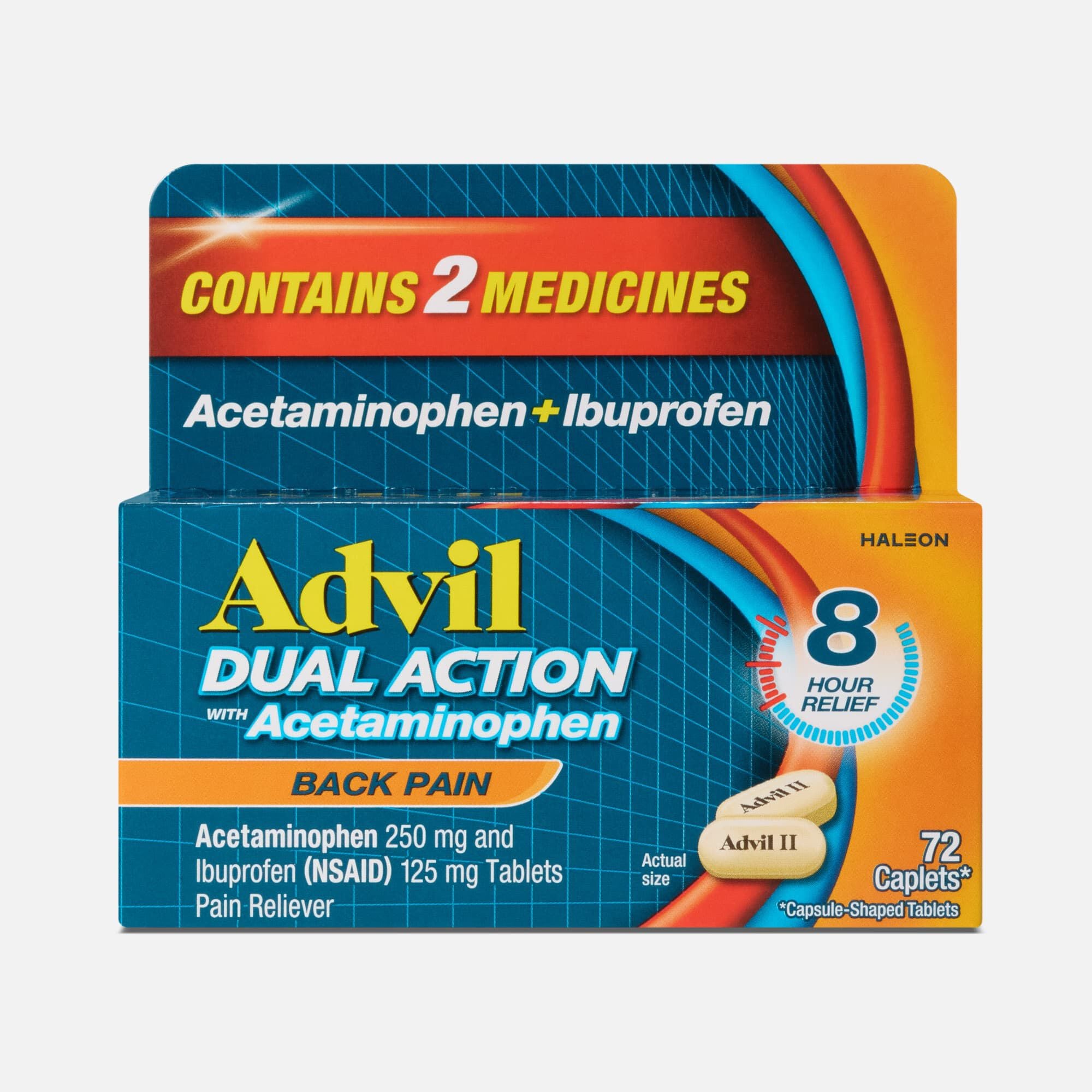 Advil Back Pain Dual Action Acetaminophen + Ibuprofen Coated Caplets, 72 ct.