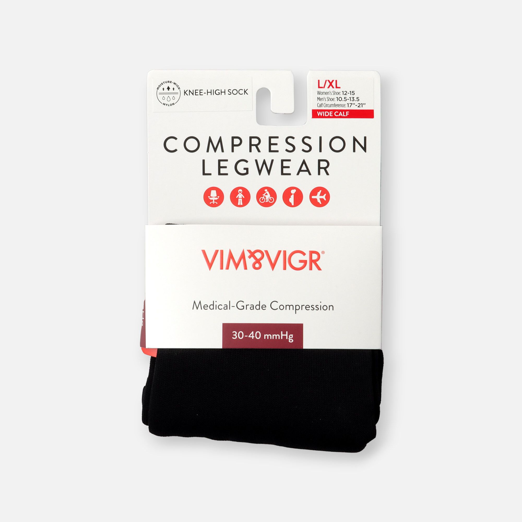 VIM & VIGR Moisture-Wick Nylon Compression Socks, Solid Black, Wide Calf, 30-40 mmHg, , large
