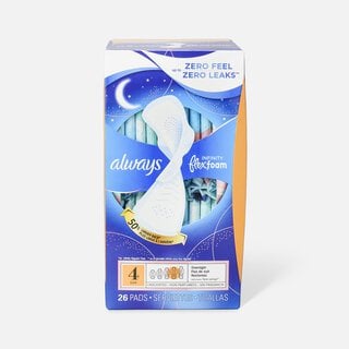 Always Infinity FlexFoam Pads for Women Size 4 Overnight Absorbency, with Wings Unscented, 26 ct.