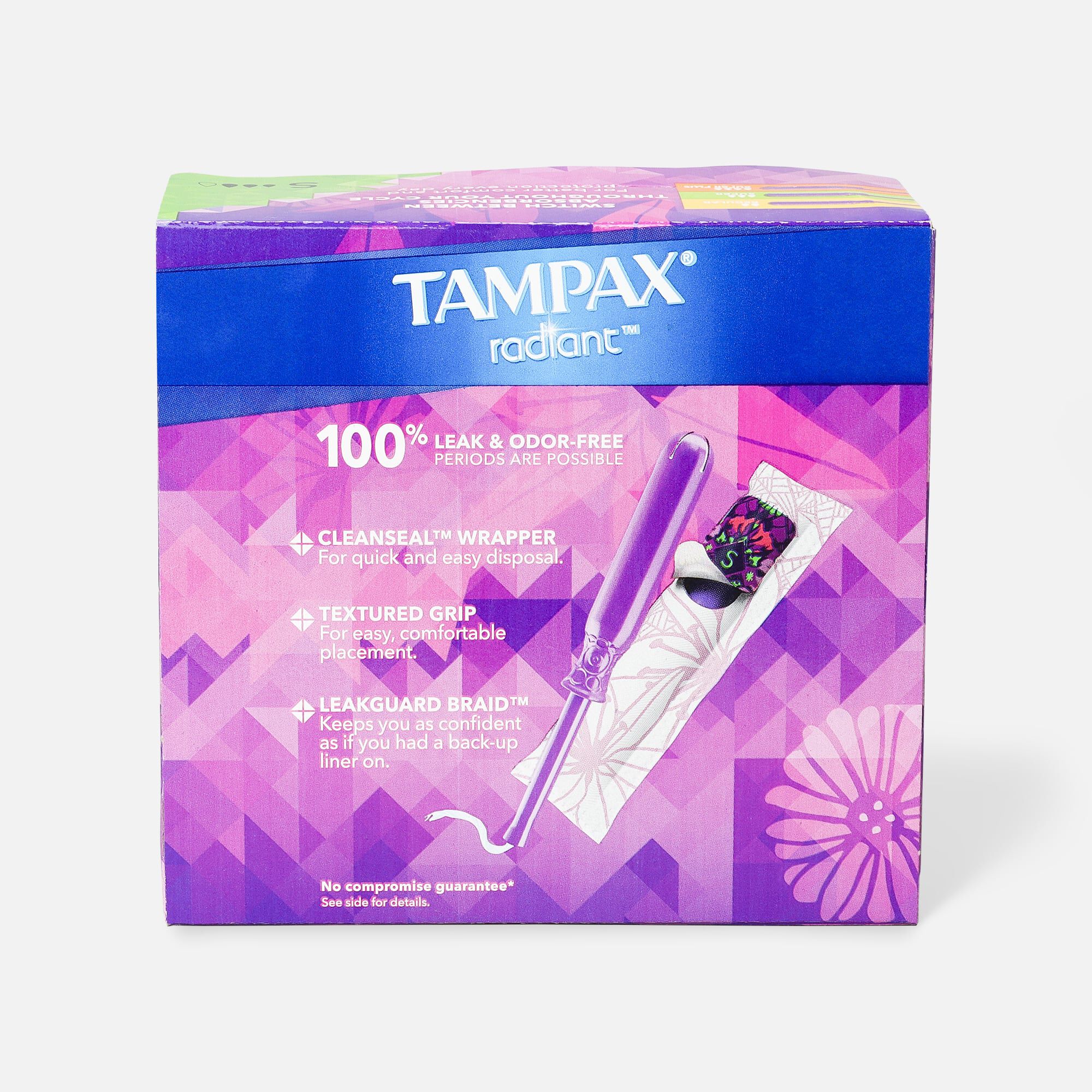 Tampax Radiant Tampons with BPA-Free Plastic Applicator and LeakGuard Braid, Unscented, 28 ct., , large