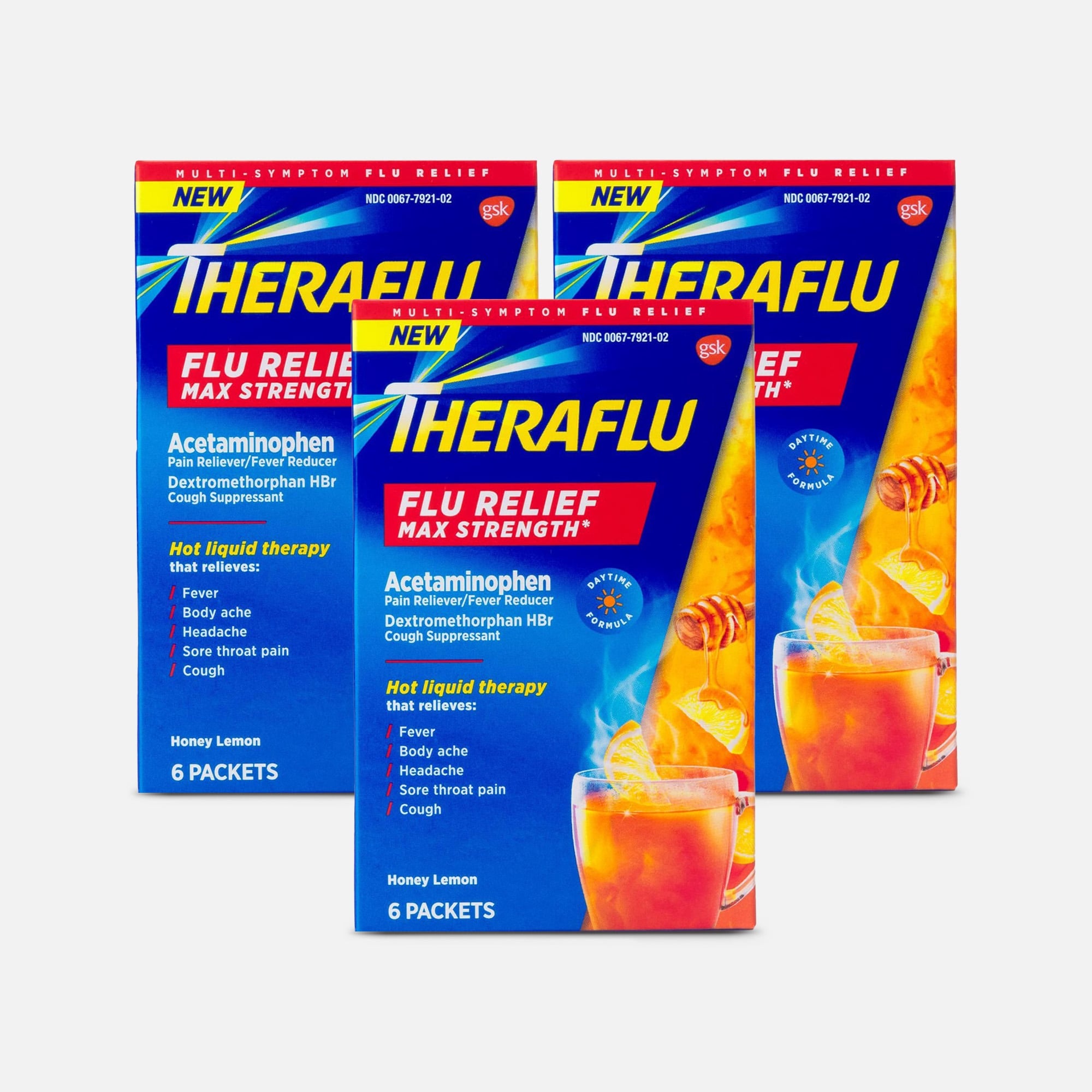 Theraflu Daytime Max Strength Flu Relief Honey Lemon Flavor Hot Liquid Powder, 6 ct. (3-Pack)