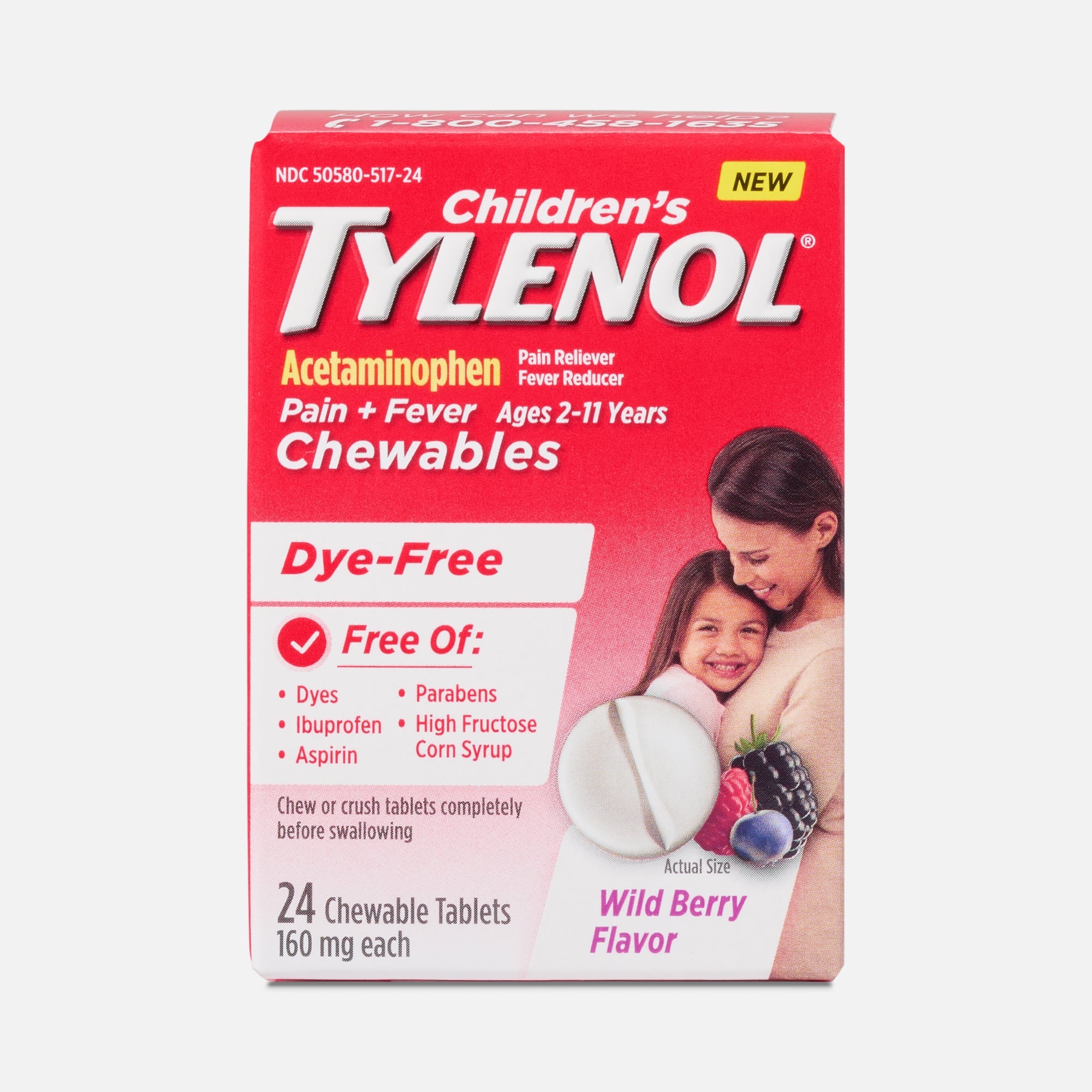 Children’s Tylenol Dye-Free Wild Berry Chewables Pain and Fever Relief, Ages 2-11 Years, 24 ct.