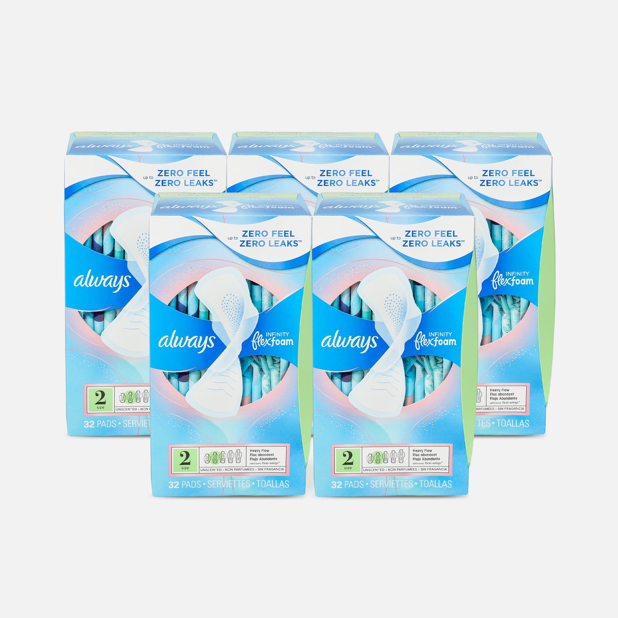 Always Infinity FlexFoam Pads for Women Size 2 Heavy Flow Absorbency, with Wings Unscented, 32 ct. (5-Pack), , large