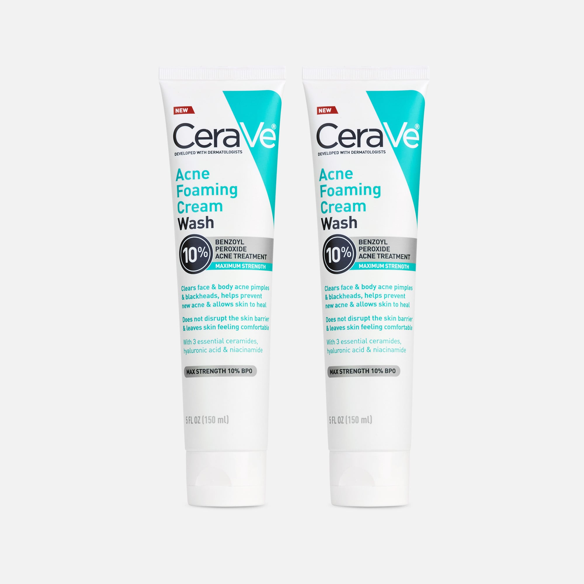 CeraVe Acne Foaming Cream Face & Body Wash with Benzoyl Peroxide 10% Maximum Strength, 5 fl oz. (2-Pack), , large