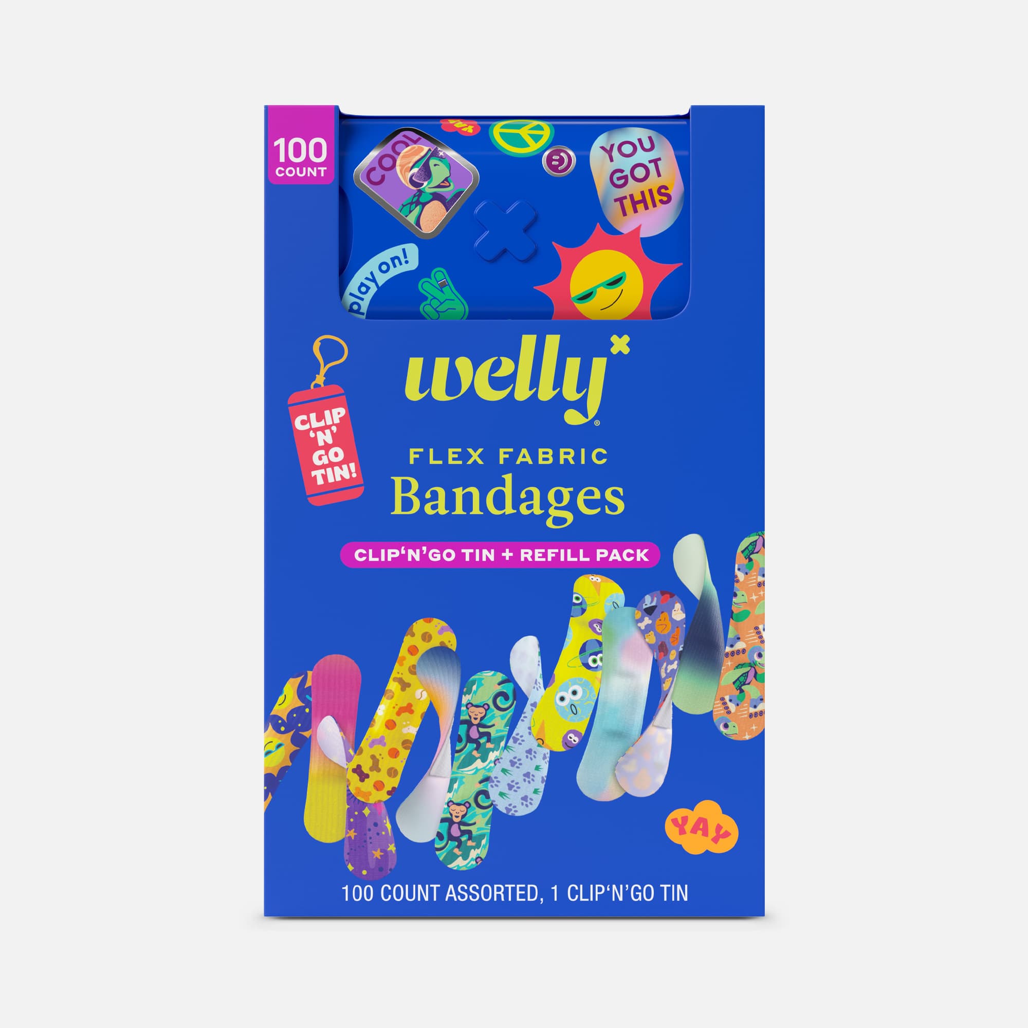 Welly Flex Fabric Bandages & Clip ‘N' Go Tin, 100 ct., , large