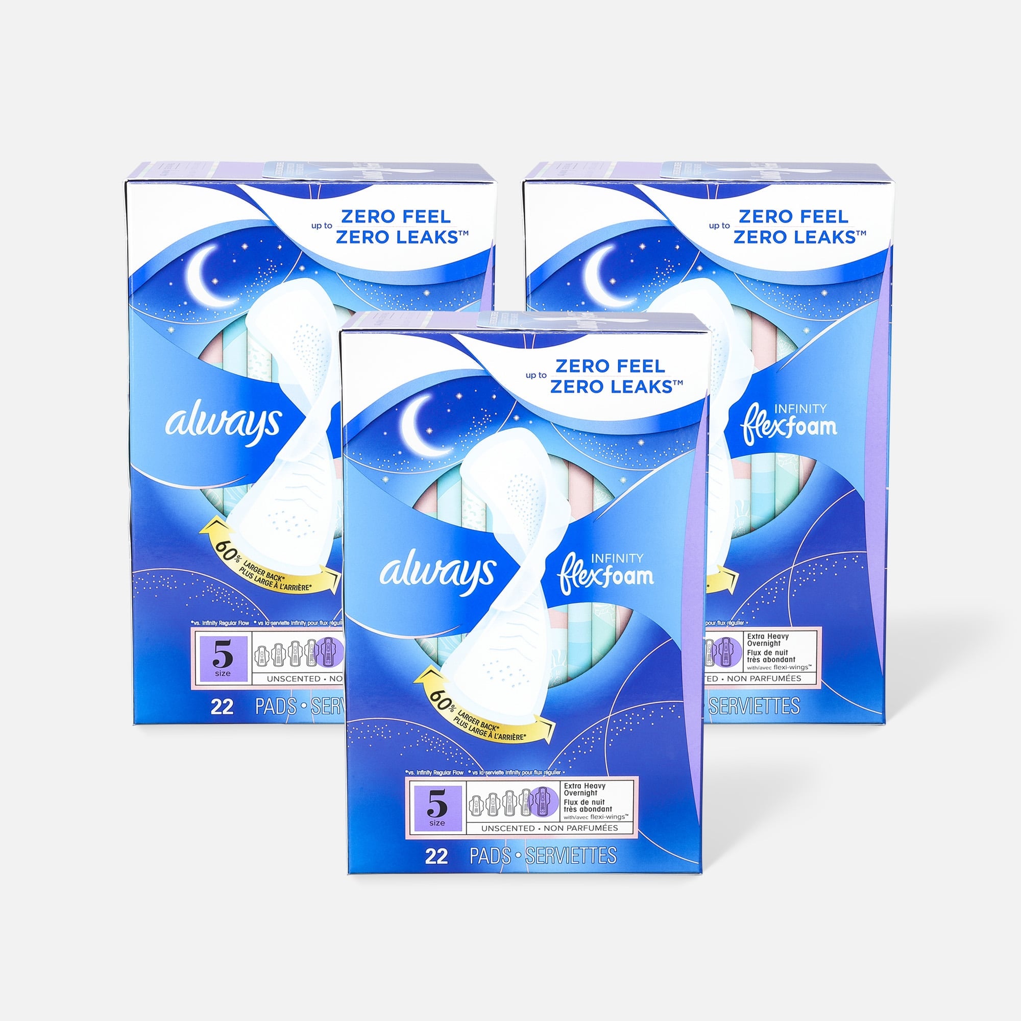 Always Infinity FlexFoam Pads for Women Size 5 Extra Heavy Overnight Absorbency, with Wings Unscented, 22 ct. (3-Pack), , large