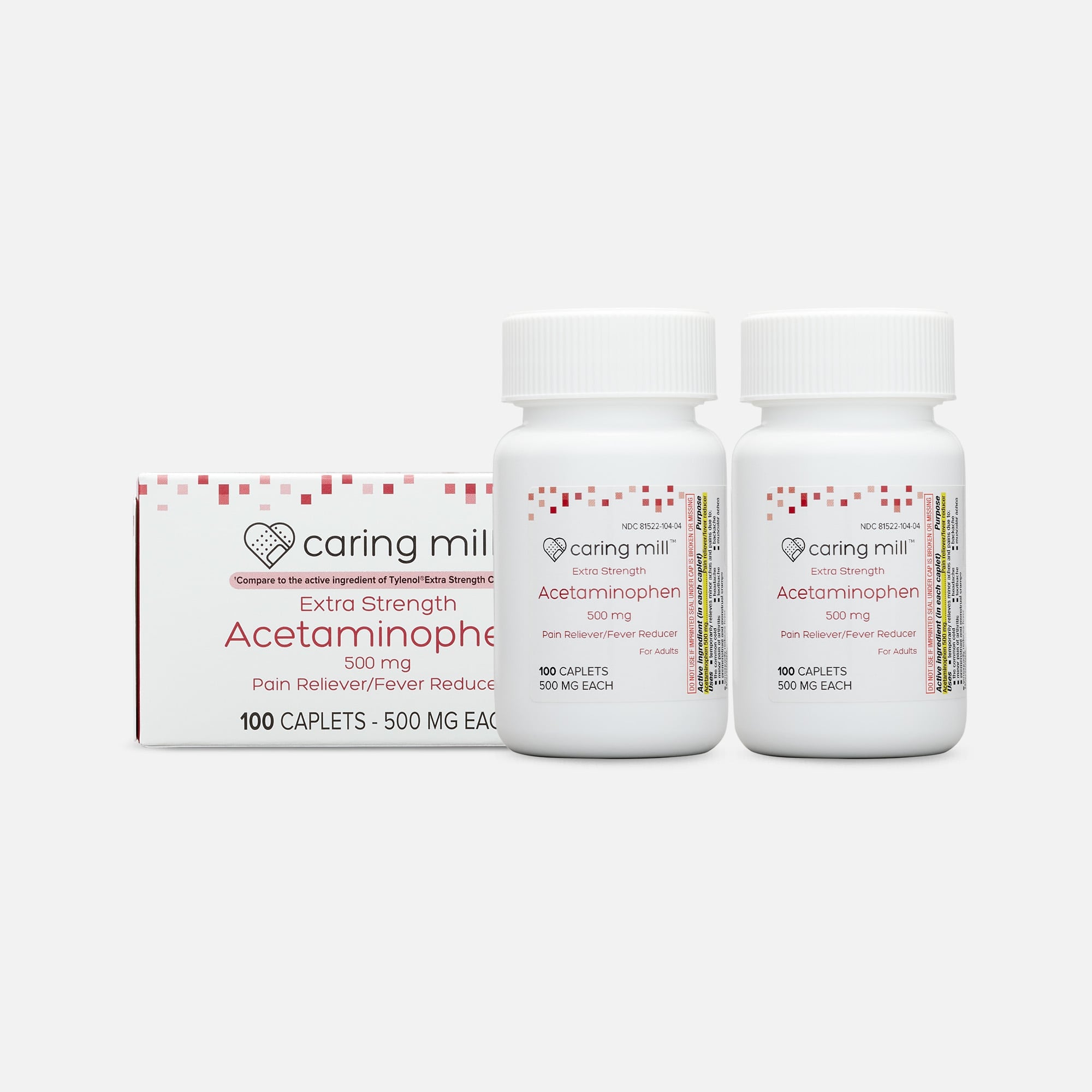 Caring Mill™  Acetaminophen Adult Pain Reliever/Fever Reducer Extra Strength Caplets, 100 ct.  (2-Pack), , large