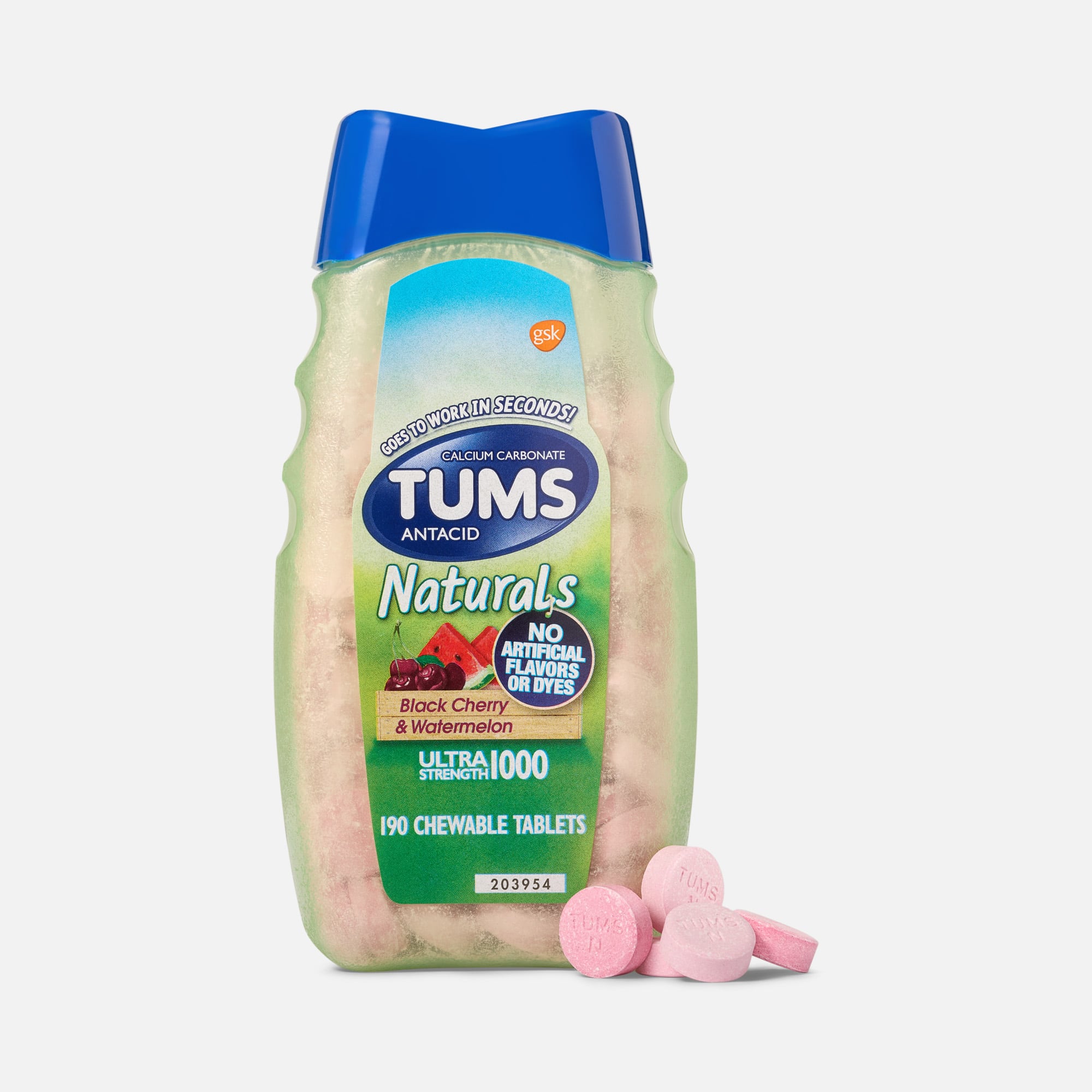 TUMS Naturals Ultra Strength Antacid Chews for Heartburn Relief, Black Cherry & Watermelon, 190 ct., , large