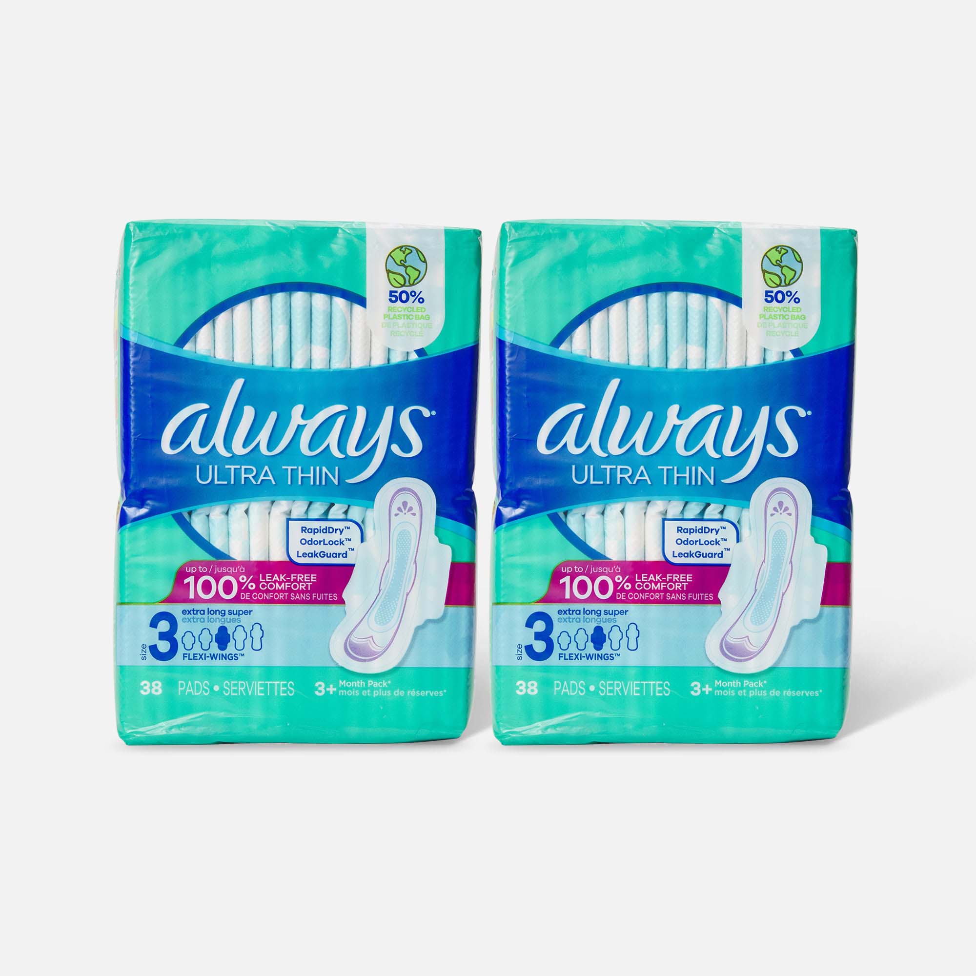 Always Ultra Thin Pads Extra Long Super Absorbency Unscented with Wings, Size 3, 38 ct. (2-Pack), , large
