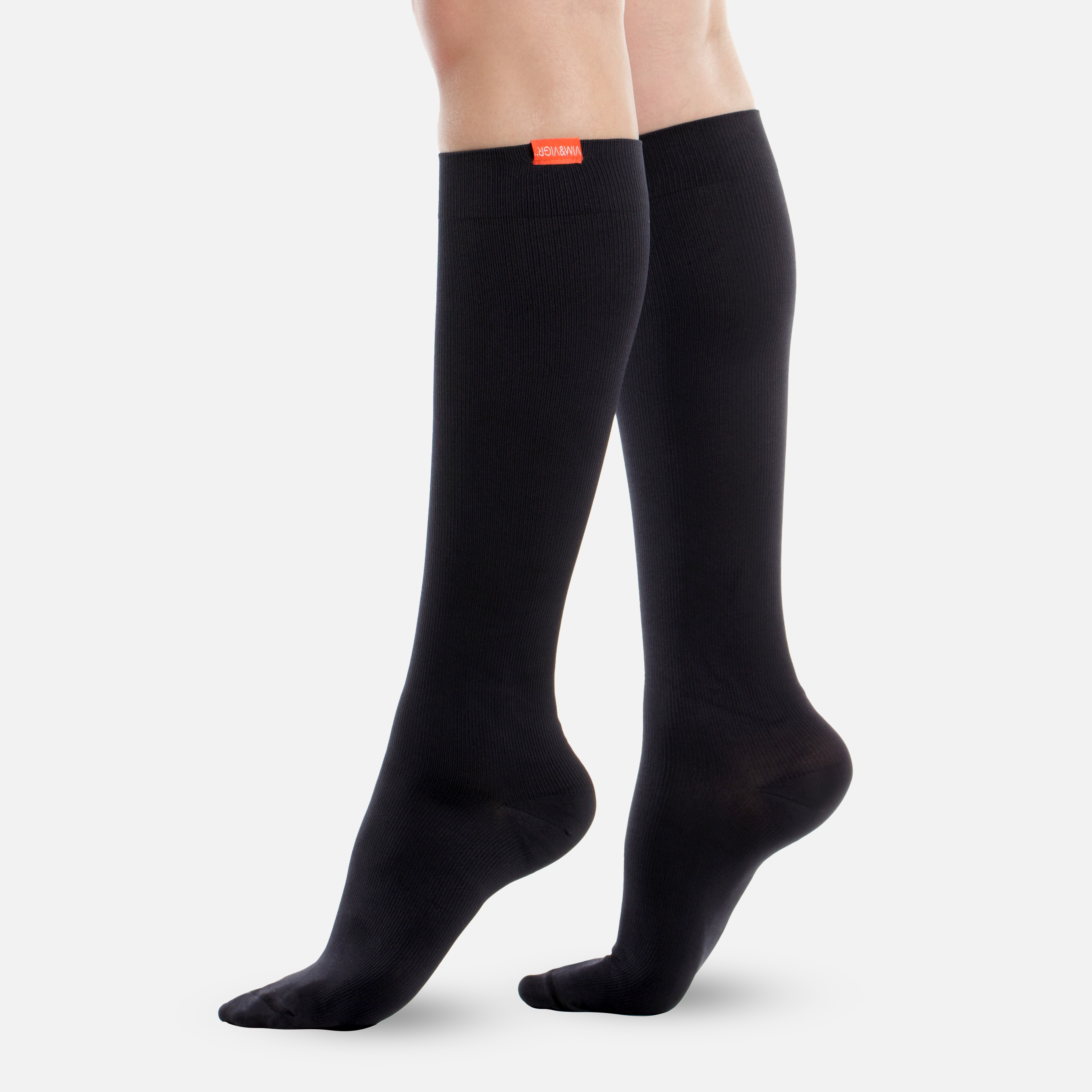 VIM & VIGR Moisture-Wick Nylon Compression Socks, Solid Black, Wide Calf, 30-40 mmHg, , large