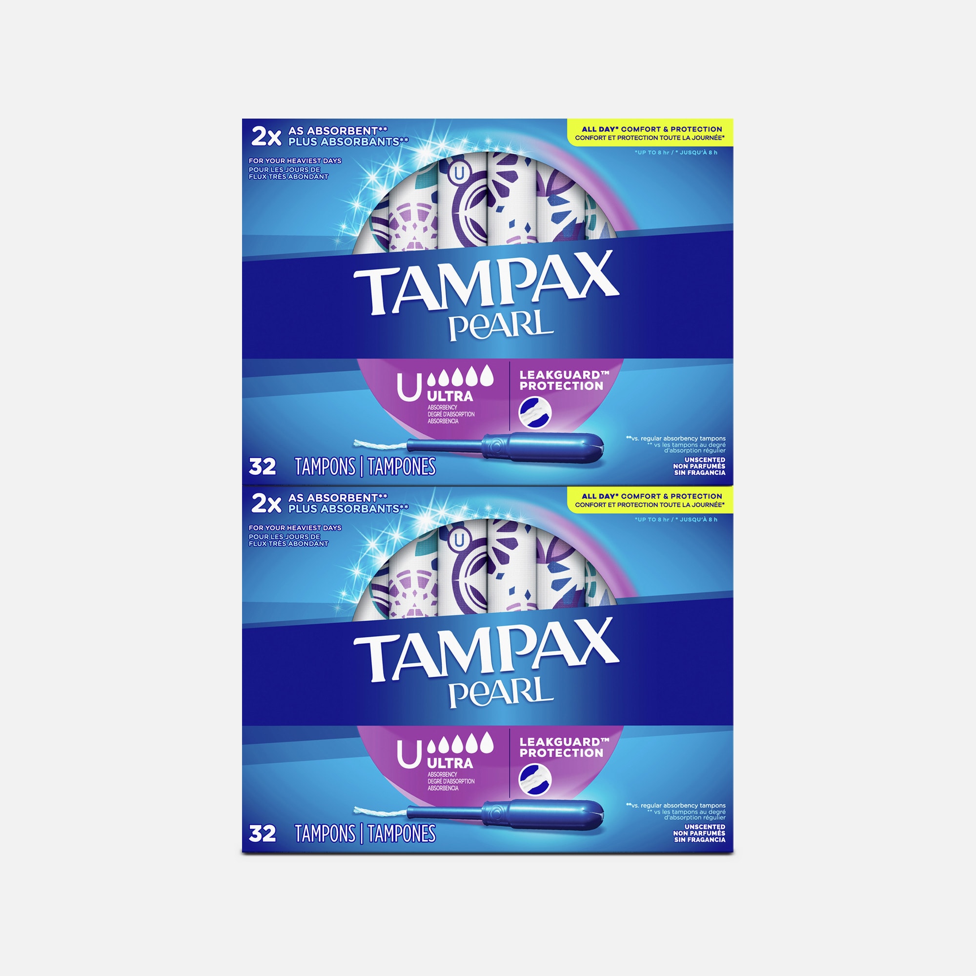 Tampax Pearl Tampons Ultra Absorbency with BPA-Free Plastic Applicator and LeakGuard Braid, Unscented, 32 ct. (2-Pack), , large