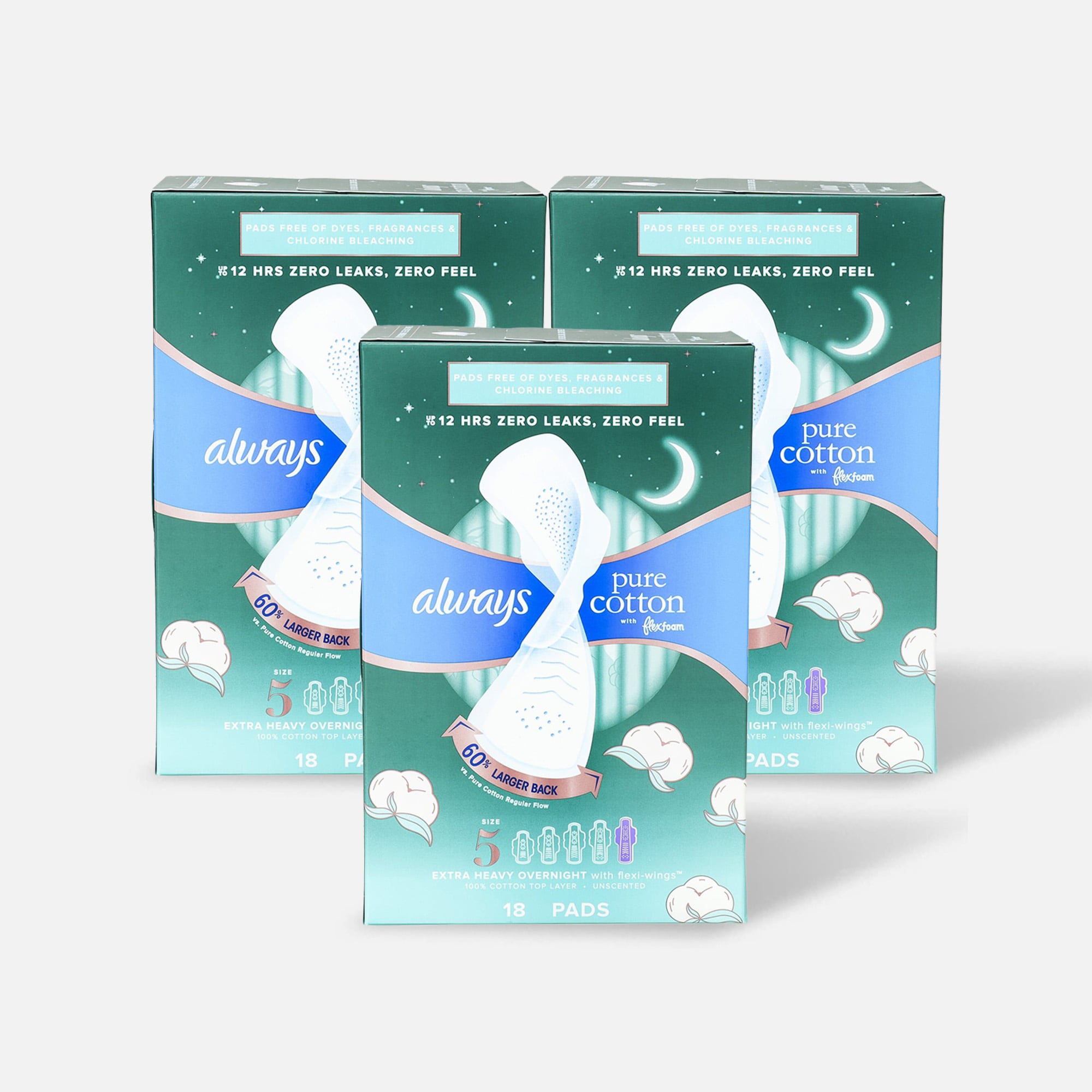 Always Pure Cotton with FlexFoam Pads for Women Size 5 Extra Heavy Overnight Absorbency, with Wings, 18 ct. (3-Pack), , large
