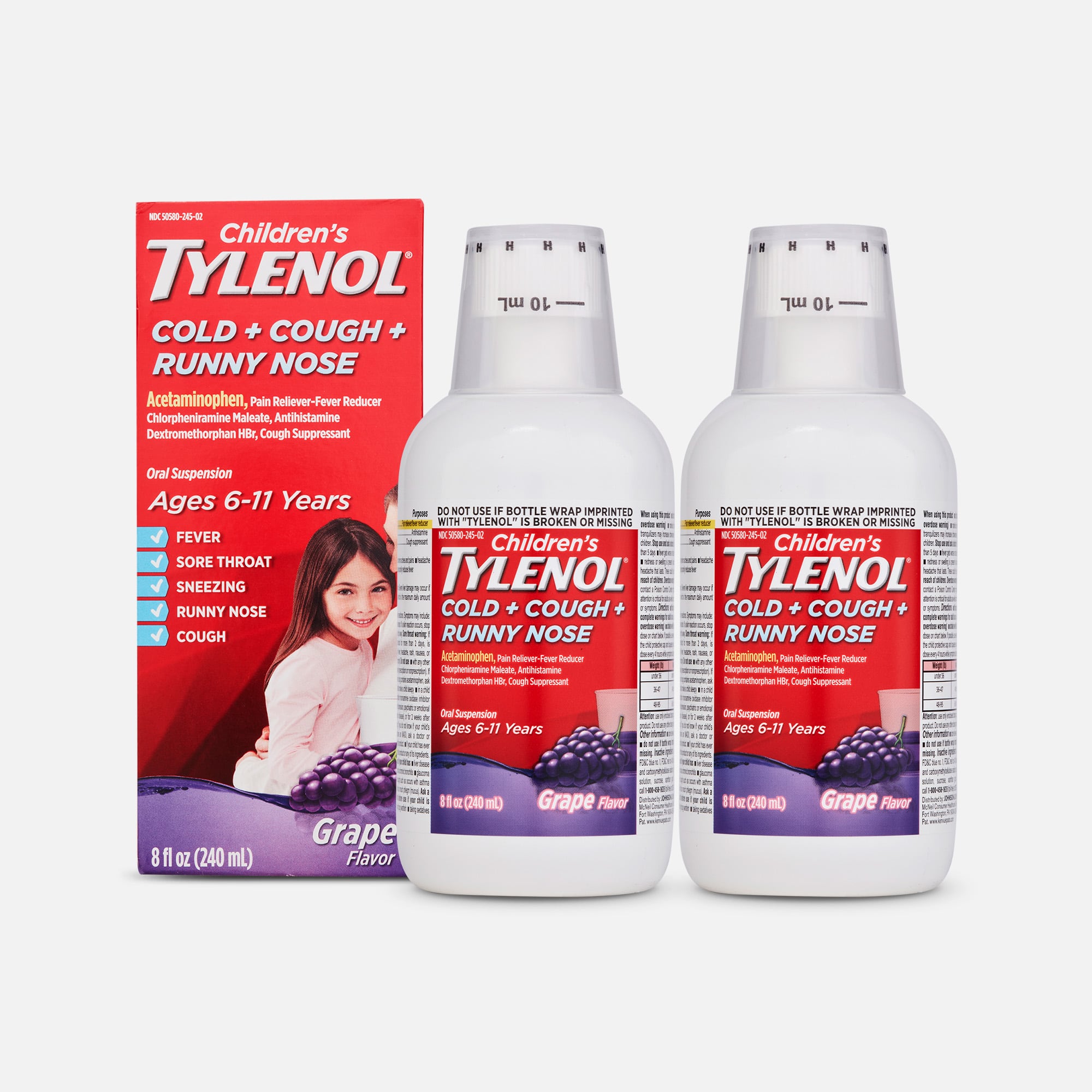 Children's Tylenol Cold + Cough + Runny Nose Relief Liquid, Grape, 8 fl oz. (2-Pack), , large