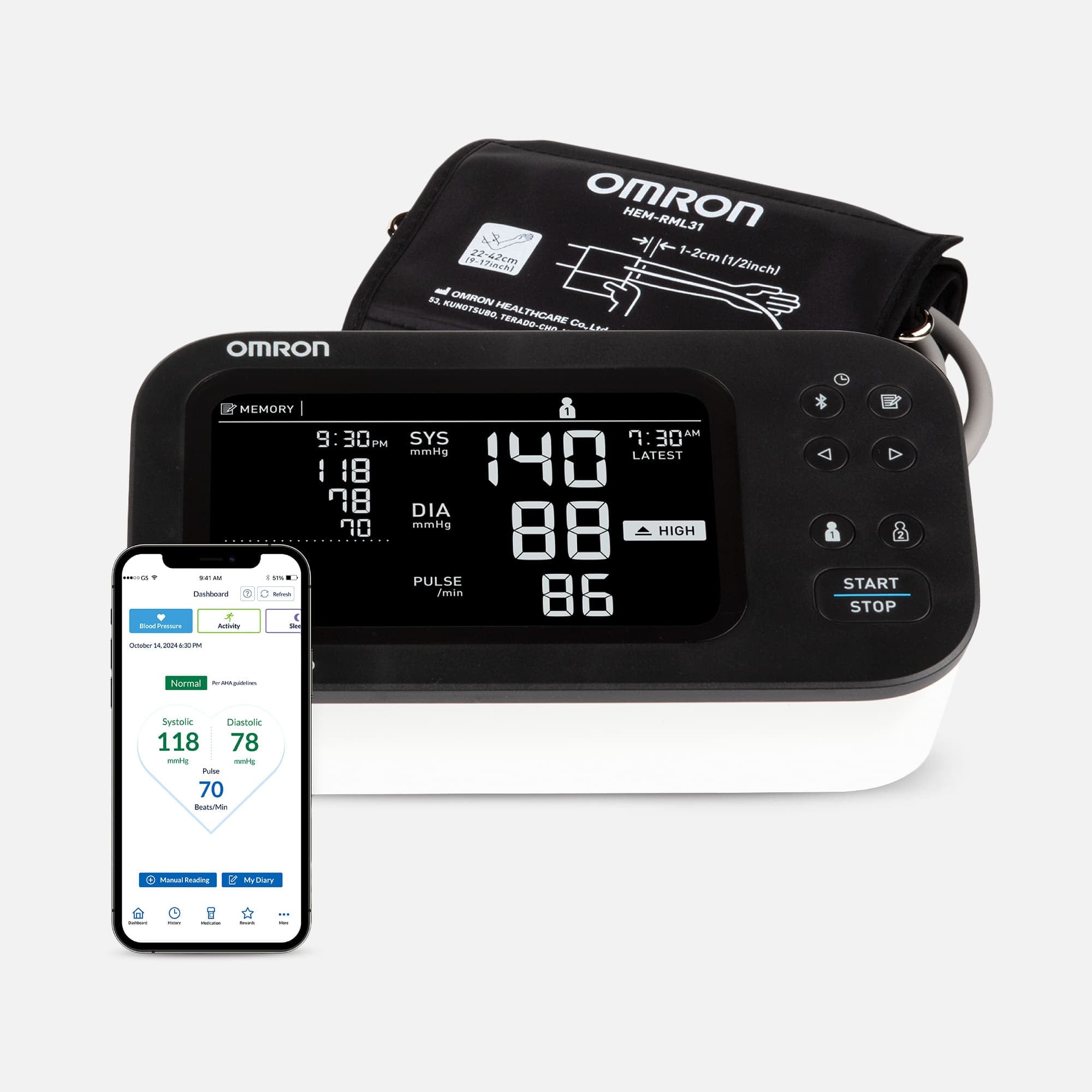 Omron 10-Series Upper Arm Blood Pressure Monitor, Connected, with AC Adapter, , large