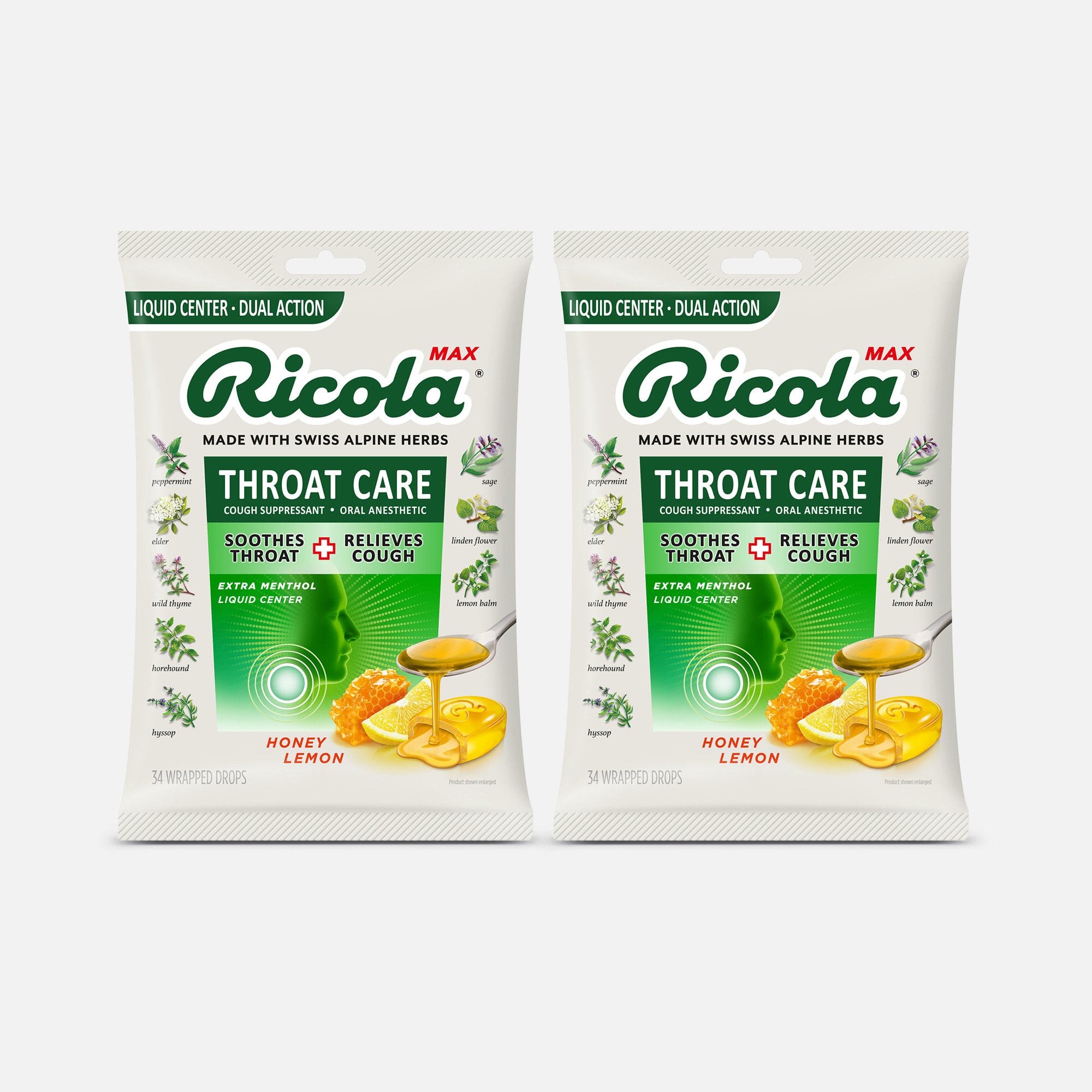 Ricola Max Throat Care Dual Action Cough Drops, Honey Lemon, 34 ct. (2-Pack), , large