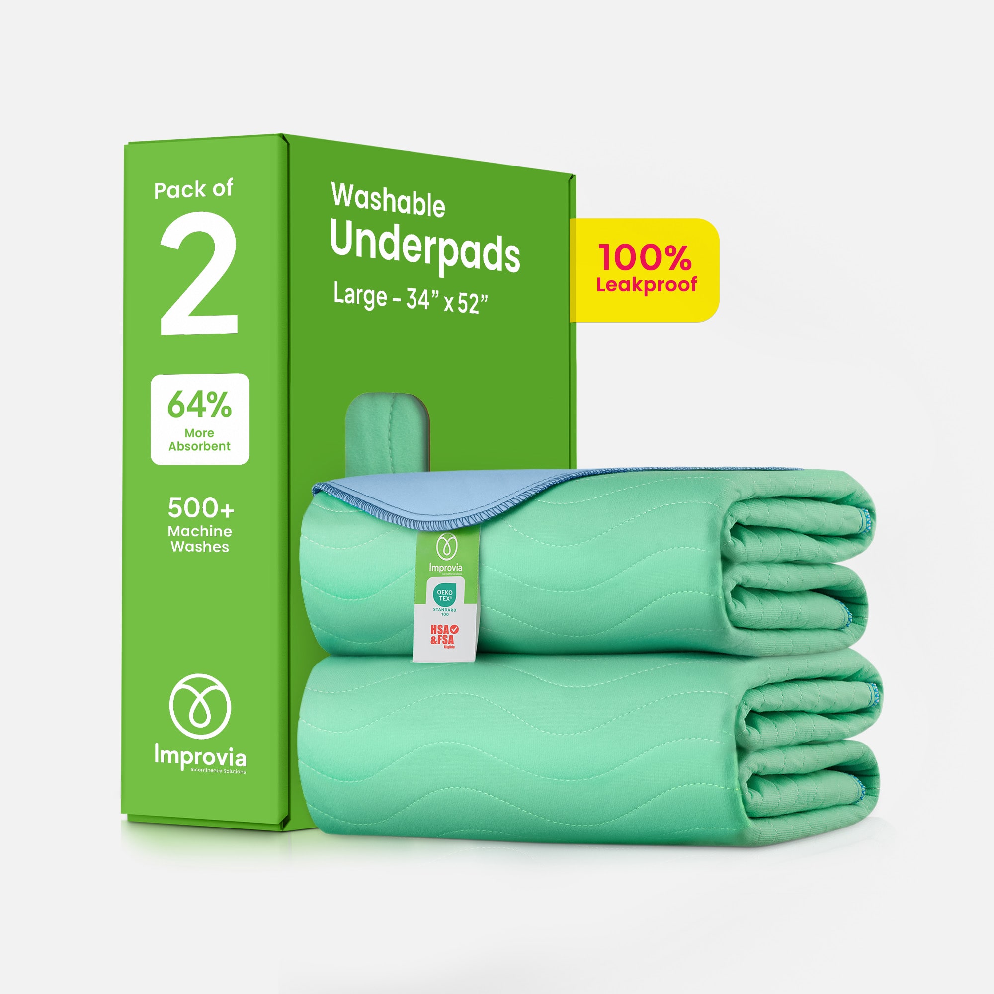 Improvia Washable Underpads, Heavy Absorbency, Reusable Incontinence Pads for Bed, Sofa, Floor