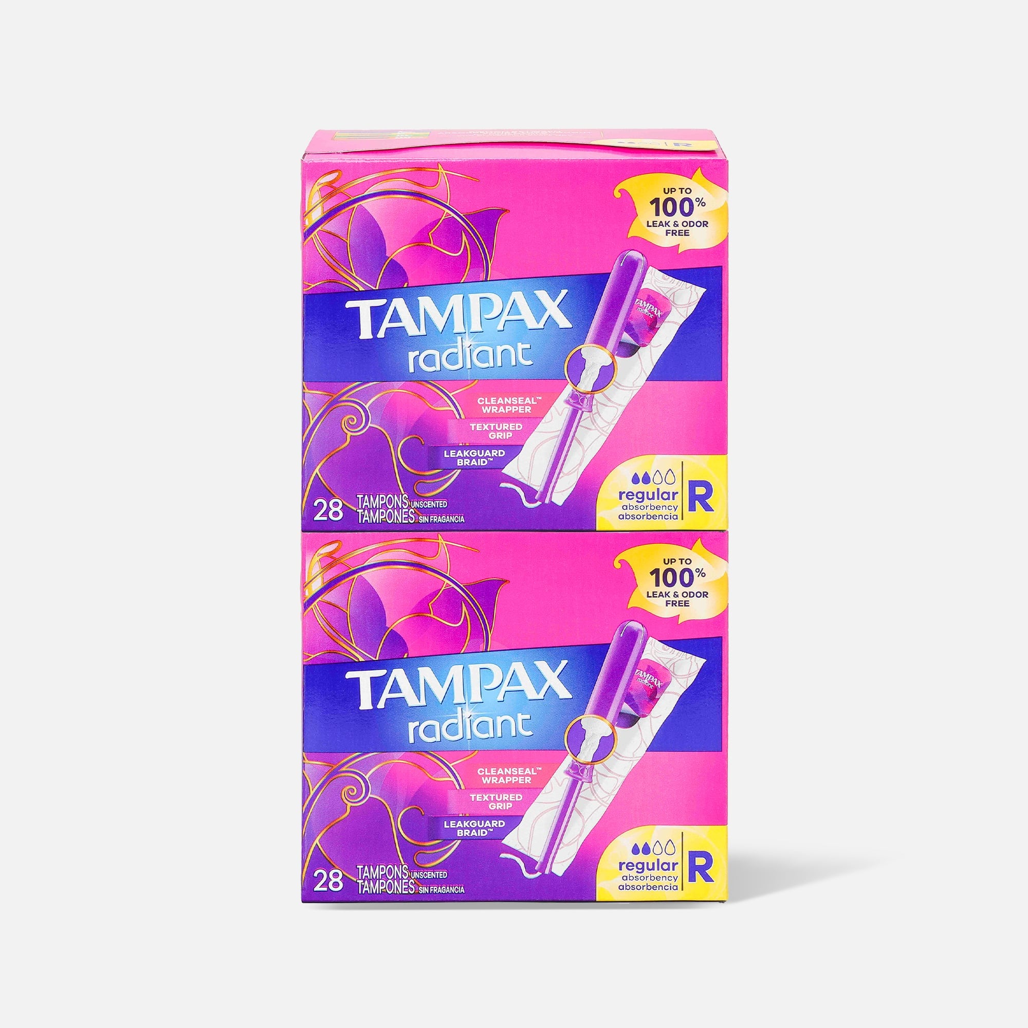 Tampax Radiant Tampons Regular Absorbency with BPA-Free Plastic Applicator and LeakGuard Braid, Unscented, 28 ct. (2-Pack), , large